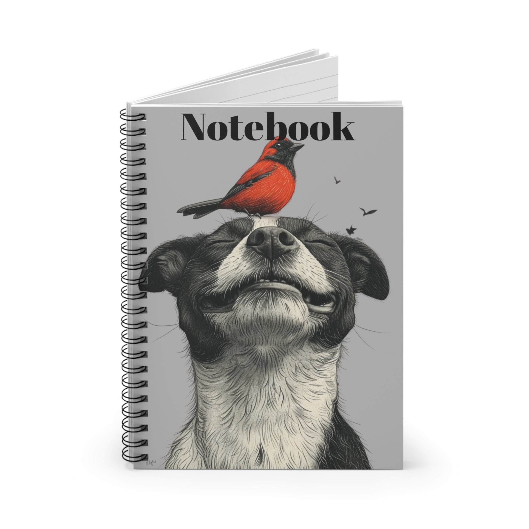 Puppy with Sparrow Friend Spiral Notebook - 100 Ruled Line Pages - Whimsical Animal Art Journal for College Students and Teachers Gift for Professionals and Dog Lovers