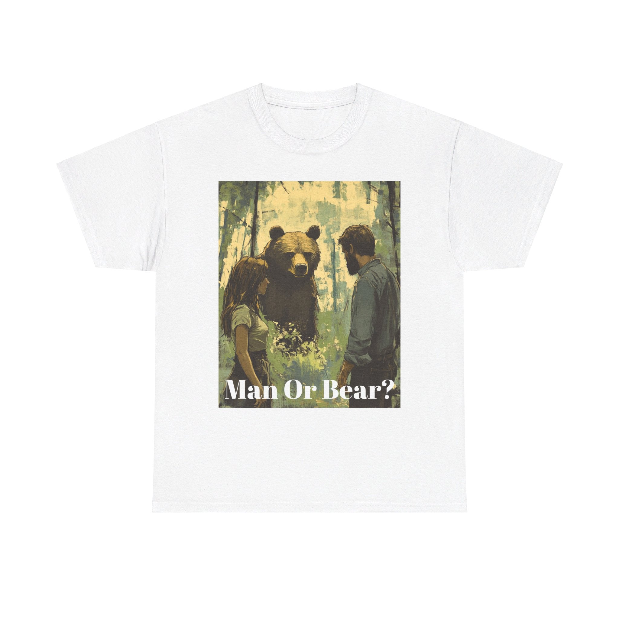 Wilderness Debate: 'Man or Bear?' Controversy Men's Heavy Cotton Tee - Embrace the Mystery