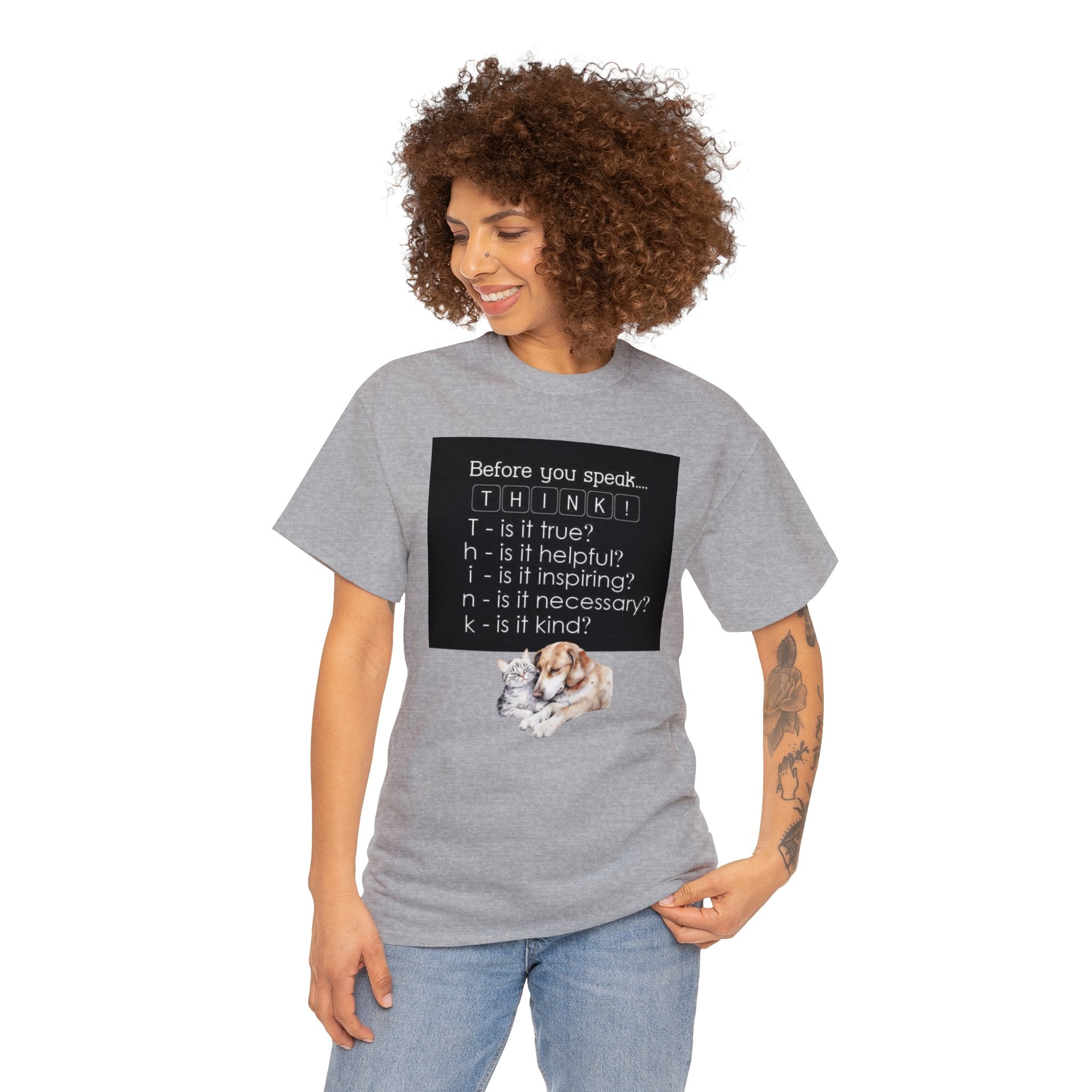 T.H.I.N.K Acronym Kindness Dog and Cat Comfy Friends Unisex Heavy Cotton Tee - Spread Positivity & Friendship