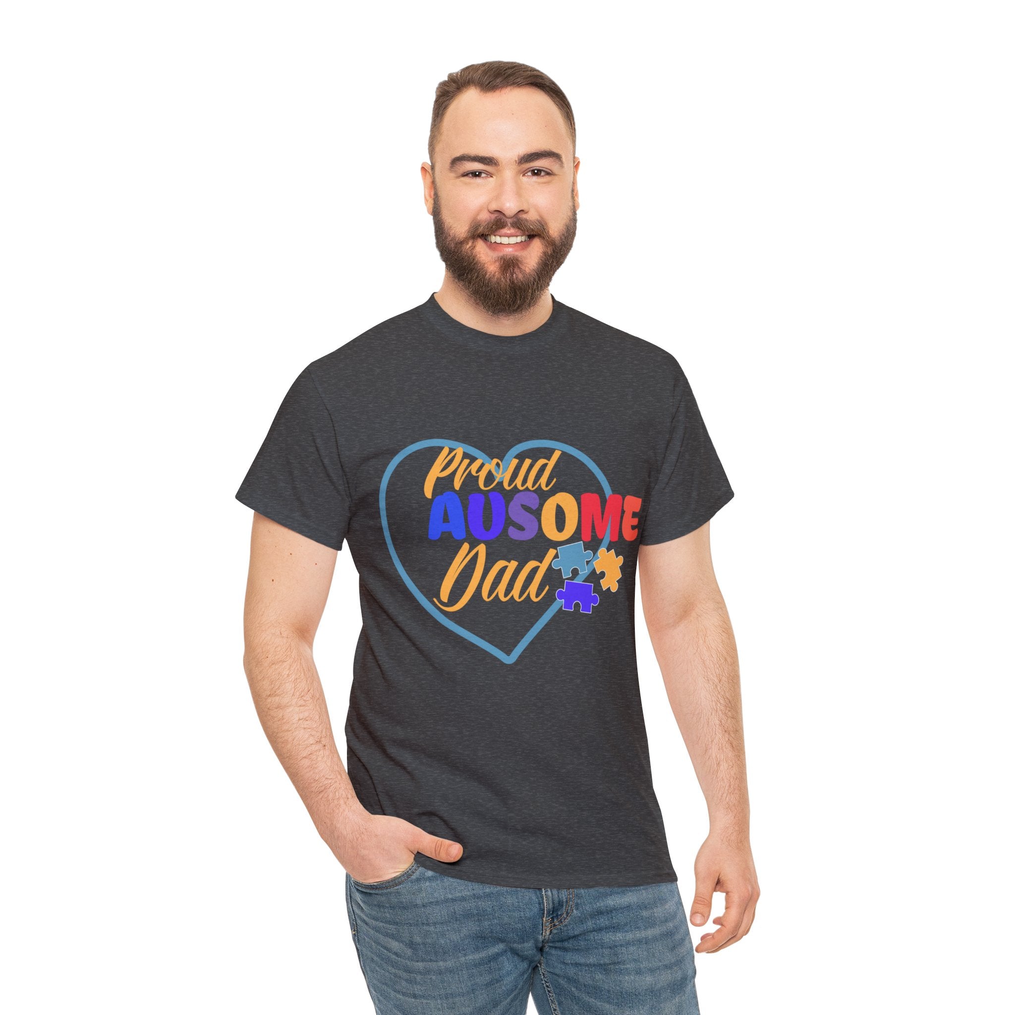 describes a product called "Ausome Dad: Champion of Neurodiversity & Autism Awareness," which is a unisex heavy cotton tee. The product aims to celebrate and honor fathers who support and advocate for their neurodiverse children, specifically within the autism community.