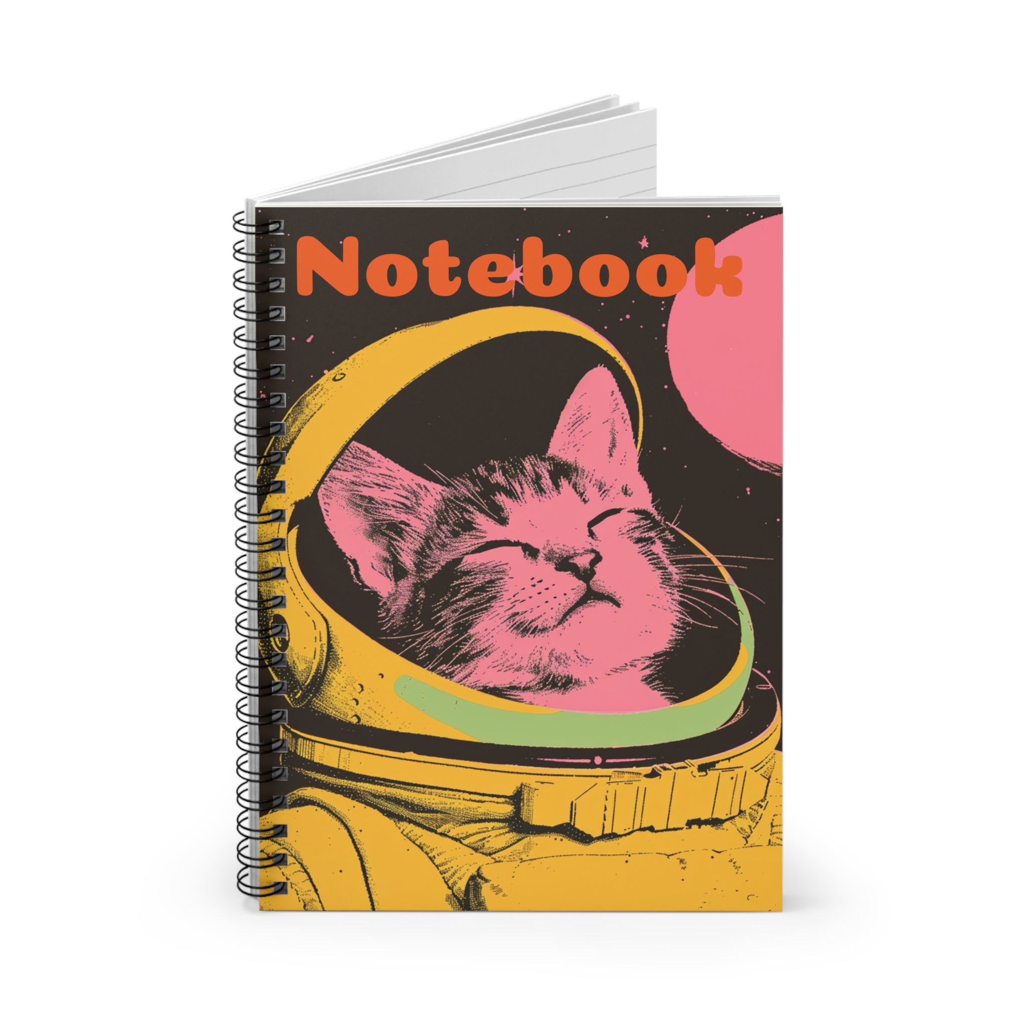 The image features a spiral notebook with a vibrant and abstract design of a cat dressed as an astronaut on the cover. The ruled lines and high-quality paper are also highlighted, making it an ideal choice for writing and note-taking.