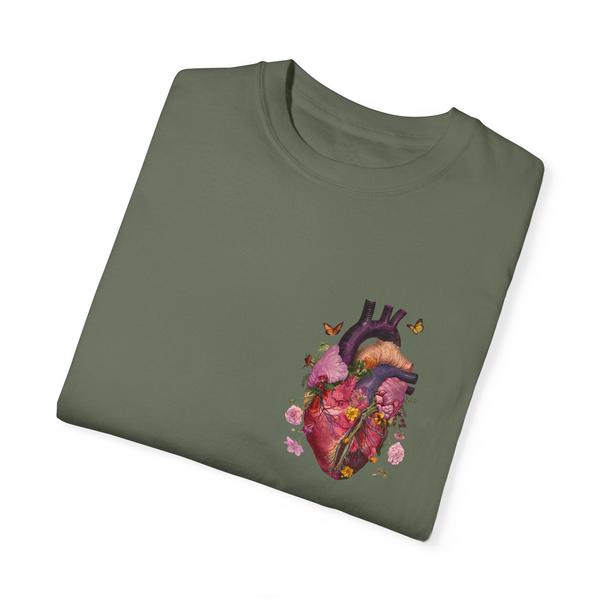 Botanical Heartbeat: Floral Heart Anatomy Unisex Garment-Dyed T-Shirt - Wearable Art with a Touch of Nature