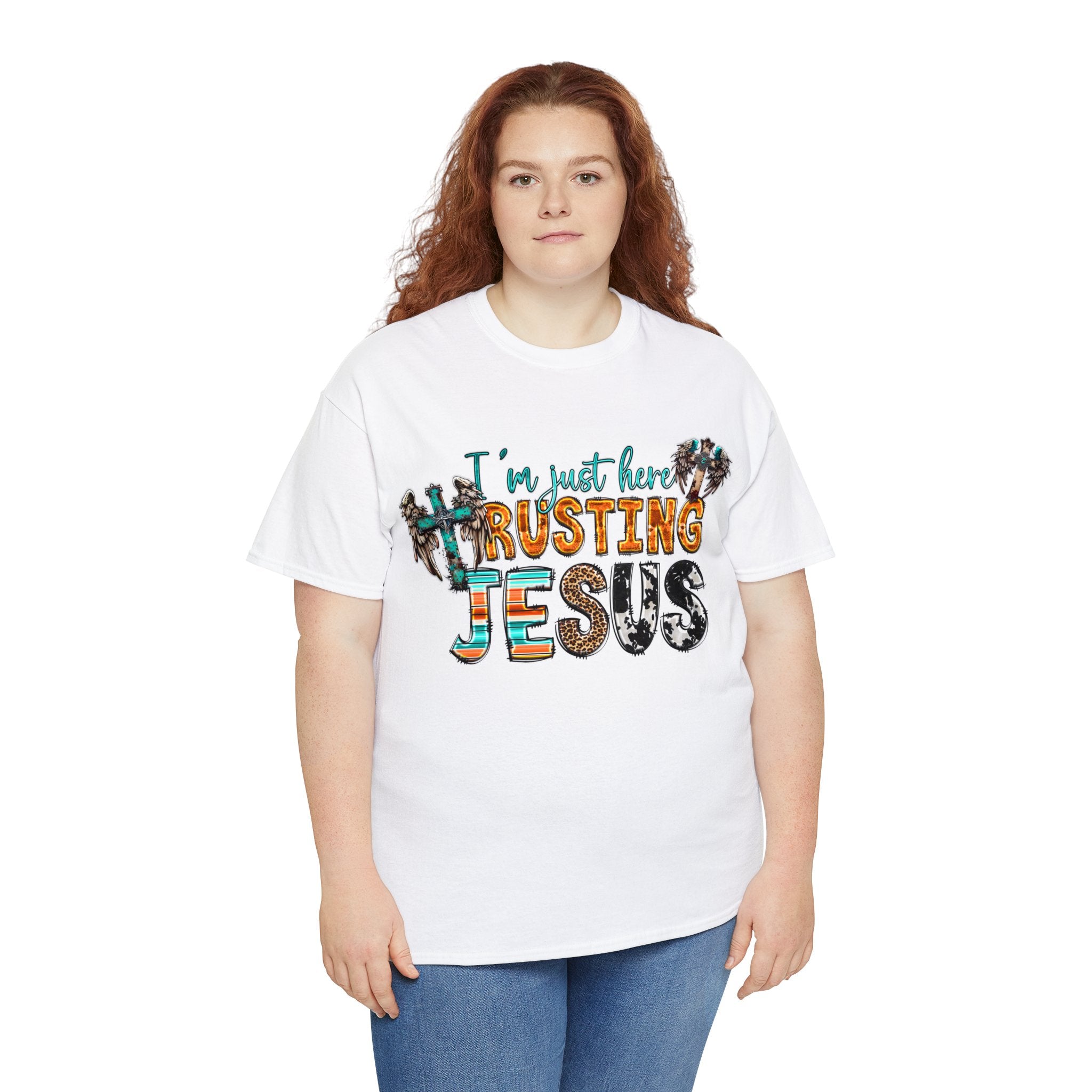 Embrace Faith and Spread Positivity with Our 'I'm Just Here Trusting Jesus' Unisex Heavy Cotton Tee: Wear Your Belief Proudly