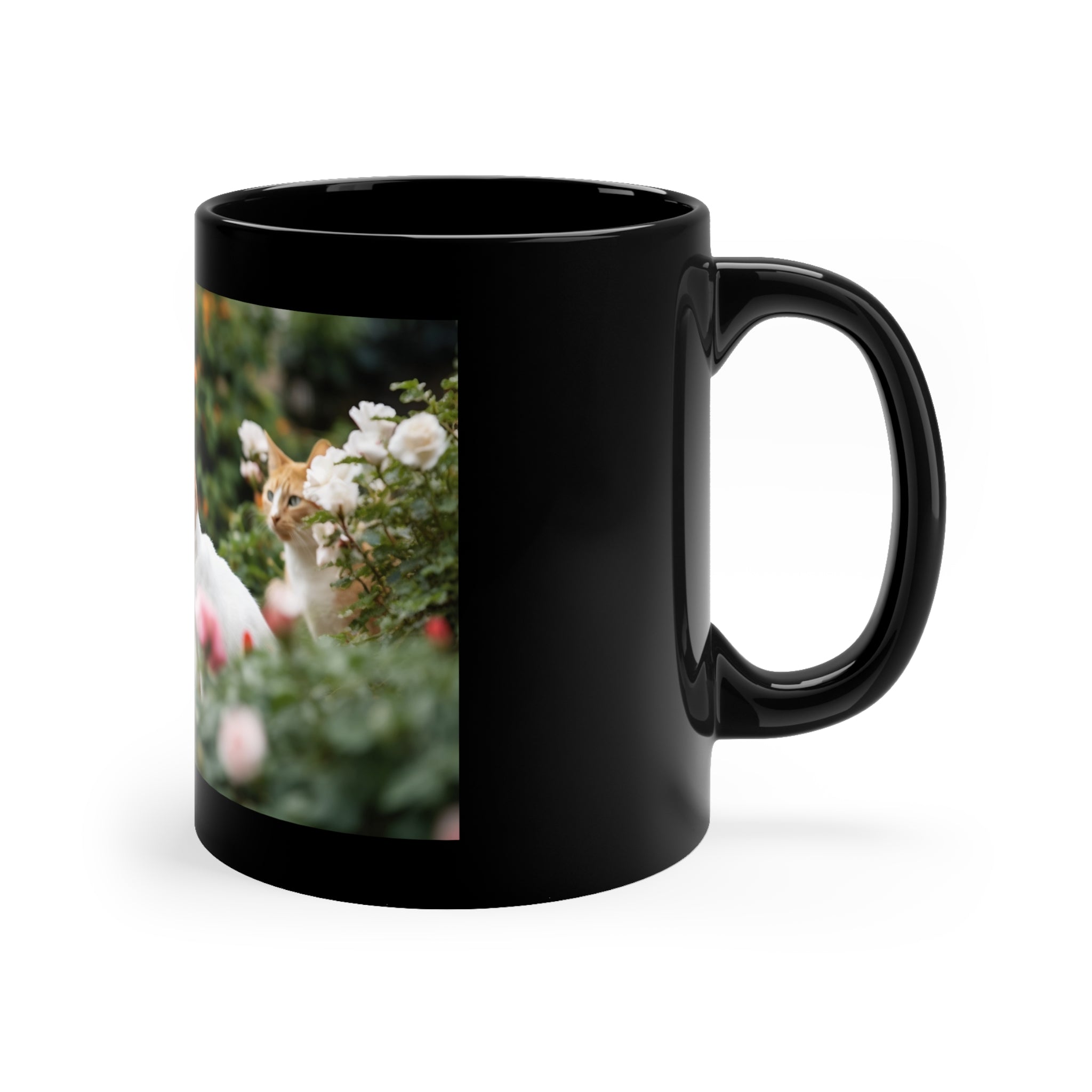 11oz Black Mug Photorealistic Beautiful Garden with Cats Pet Paradise - Black Coffee Cup - Garden Delight with Cats - Animal Lover's gift