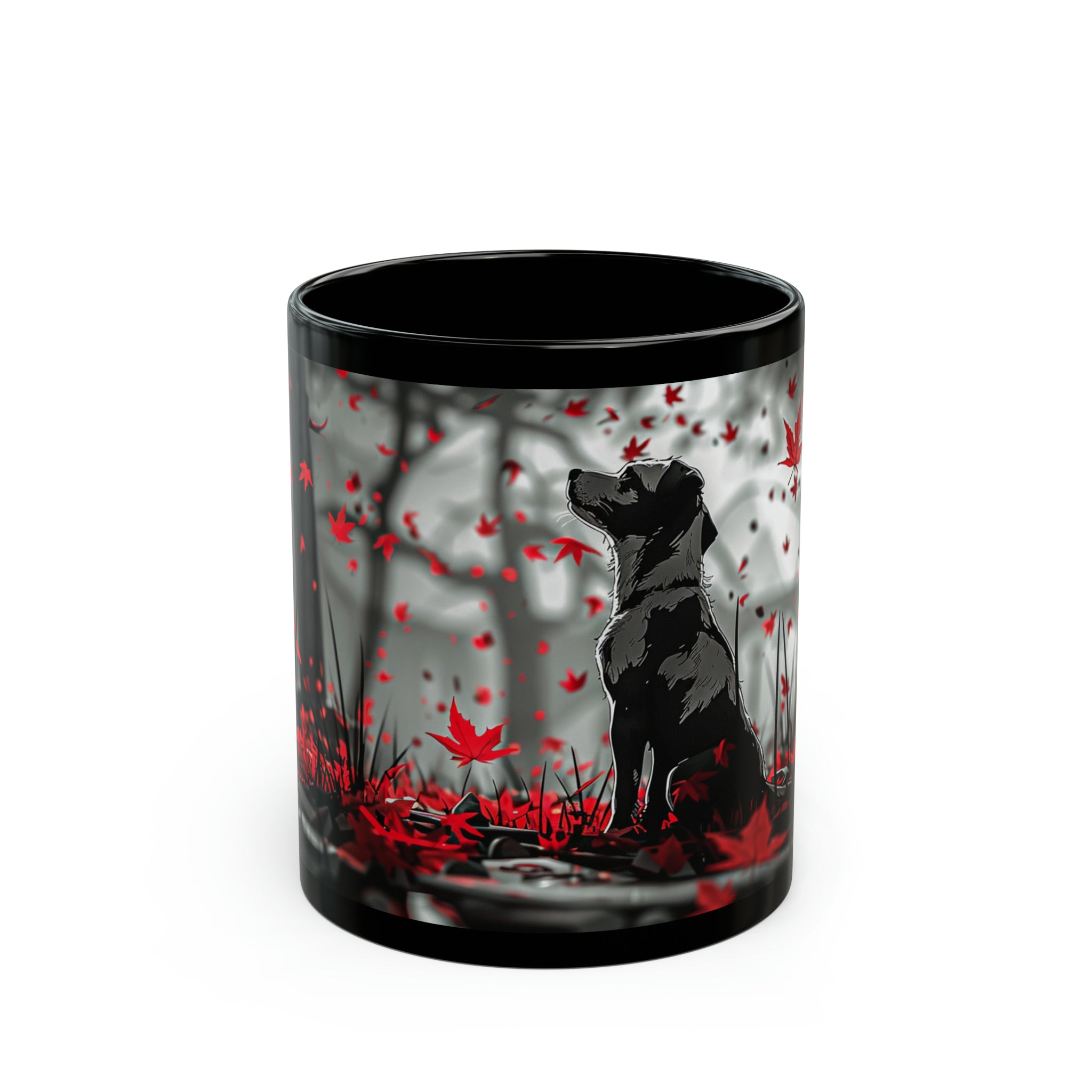 The image showcases a sleek, black ceramic mug, adorned with an artistic rendering of a loyal dog, depicted as a guardian angel. The design elegantly wraps around the mug, visible on both the 11oz and 15oz versions, embodying the spirit of solemn loyalty and protection that our canine friends provide.