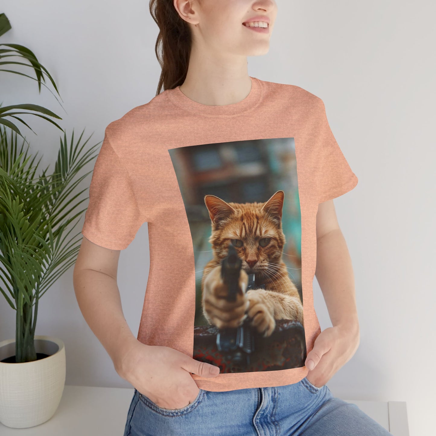 Stealth Paws: Feline Hitman Women's Jersey Short Sleeve Tee - Quirky Cat-Themed Apparel for Fashion-Forward Cat Lovers