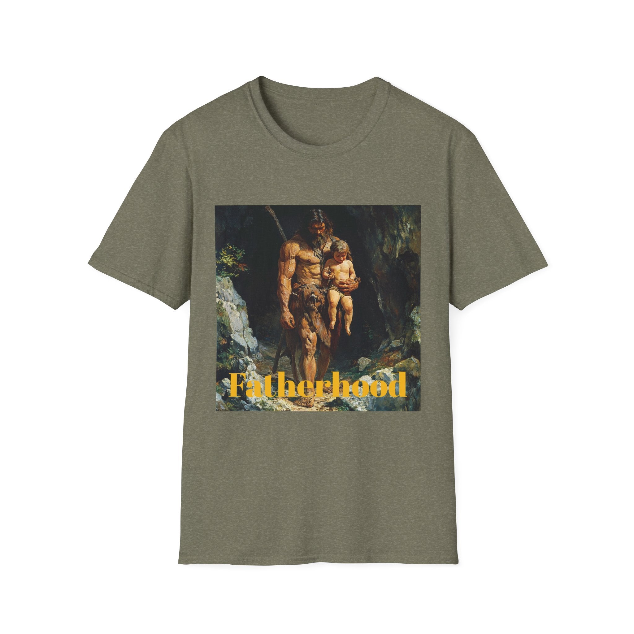 The image features a softstyle unisex t-shirt displaying a playful caveman caring father design, showcasing a prehistoric father figure holding his child with a humorous twist. The shirt's soft, comfortable fabric and relaxed fit are emphasized, making it ideal for casual wear.