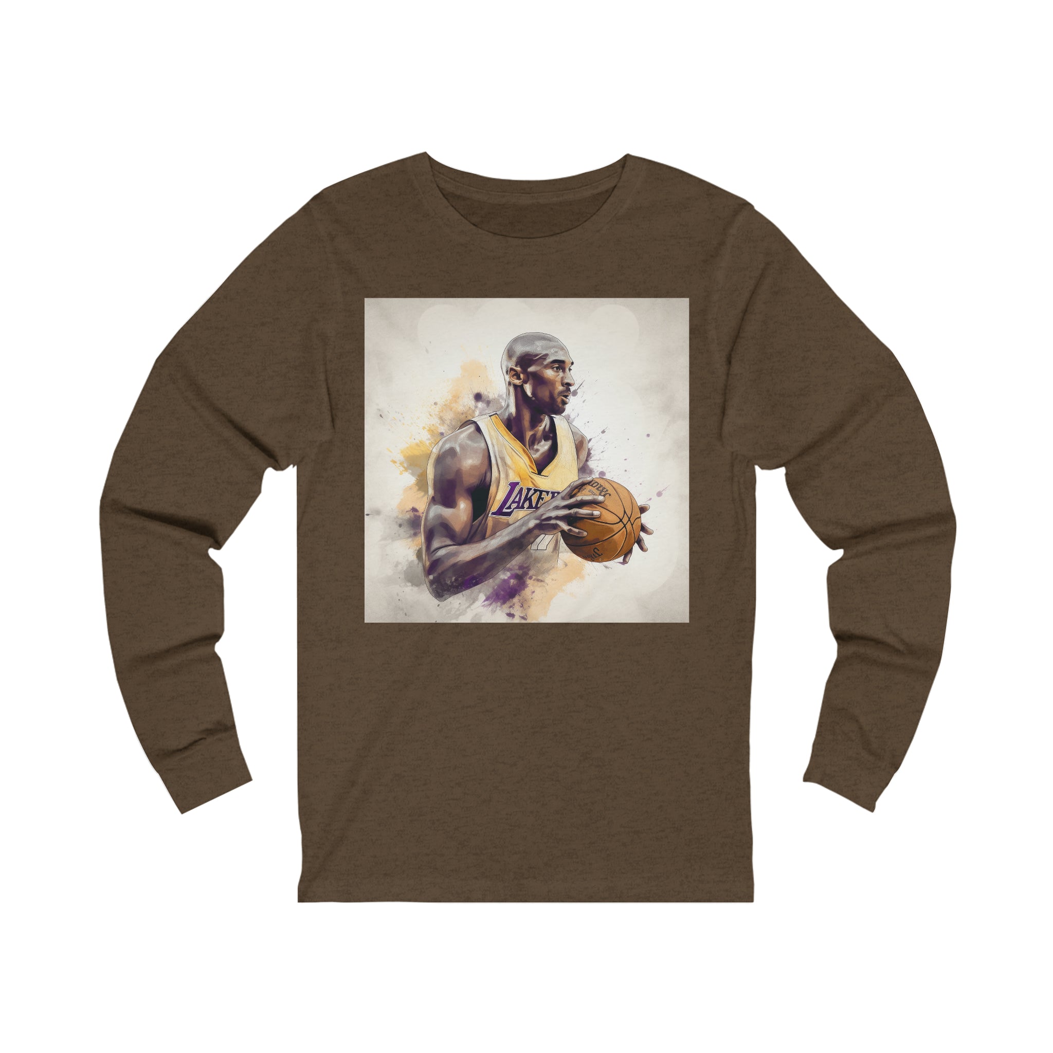 This item features a long sleeve jersey tee with a unique, vibrant watercolor print on the front. The artwork is an artistic tribute to the legendary basketball player K.B., capturing his dynamic playstyle and iconic moments on the court. The shirt is designed to fit comfortably for all genders, with a casual, relaxed silhouette that makes it suitable for various occasions, from sports events to casual outings.