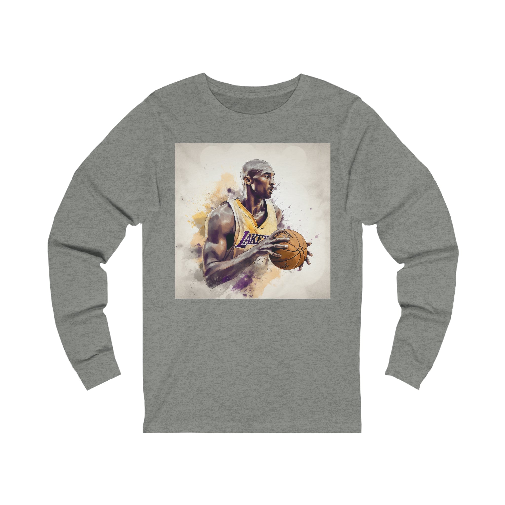 This item features a long sleeve jersey tee with a unique, vibrant watercolor print on the front. The artwork is an artistic tribute to the legendary basketball player K.B., capturing his dynamic playstyle and iconic moments on the court. The shirt is designed to fit comfortably for all genders, with a casual, relaxed silhouette that makes it suitable for various occasions, from sports events to casual outings.