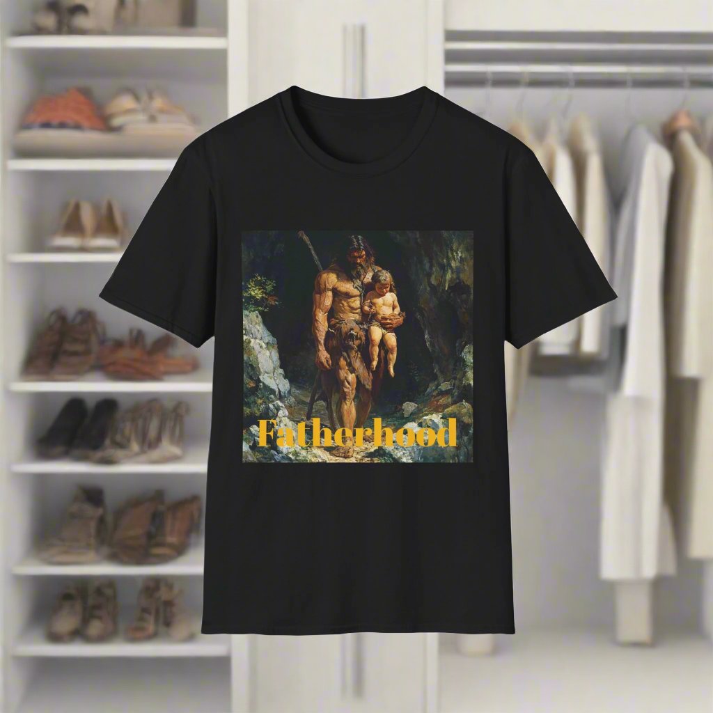 The image features a softstyle unisex t-shirt displaying a playful caveman caring father design, showcasing a prehistoric father figure holding his child with a humorous twist. The shirt's soft, comfortable fabric and relaxed fit are emphasized, making it ideal for casual wear.