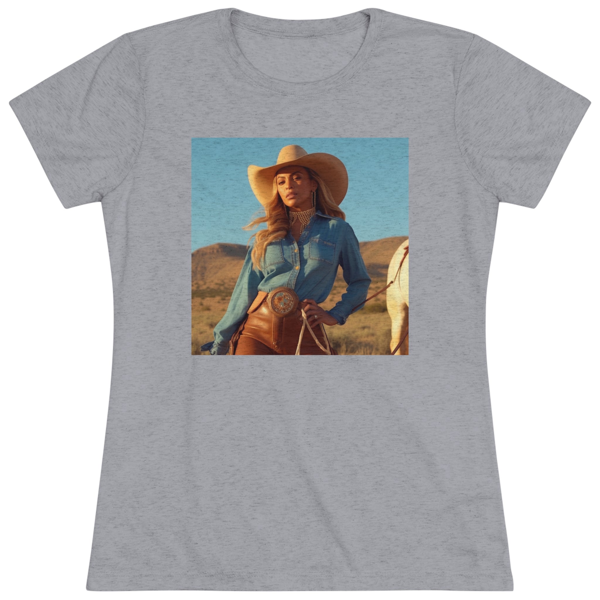"Rodeo Queen Rhapsody: Bey's Country Charm" Women's Tri-Blend Tee - A Fashionable Homage to Country Music's Beloved Star, Perfect as a Stylish & Comfortable Gift for Her