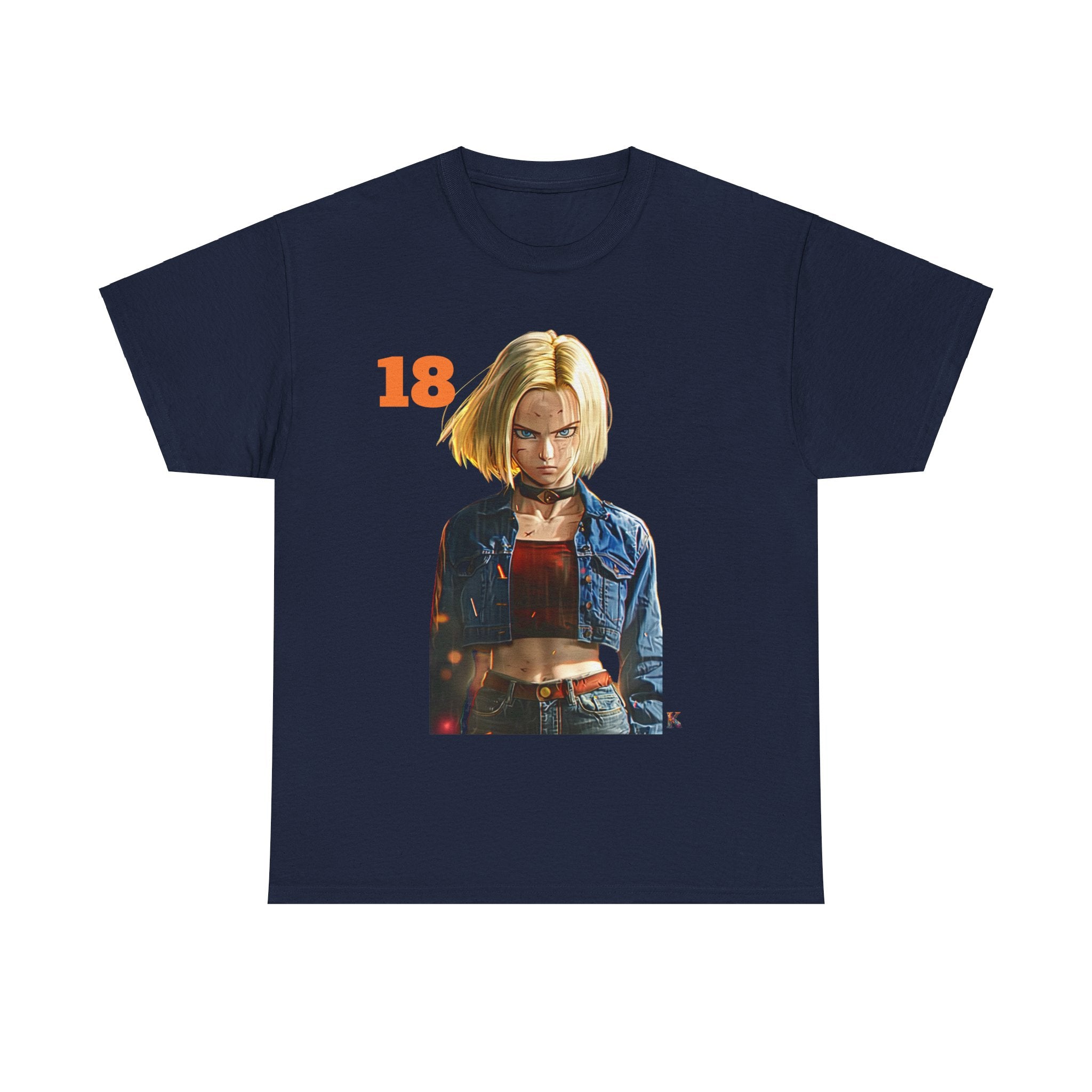 The image displays a stylish unisex heavy cotton tee, featuring a vibrant print inspired by Android 18. The tee is shown in a classic cut with a robust texture, highlighting its quality and the eye-catching design of the character. The neutral background emphasizes the tee's adaptability and fashion-forward aesthetic.