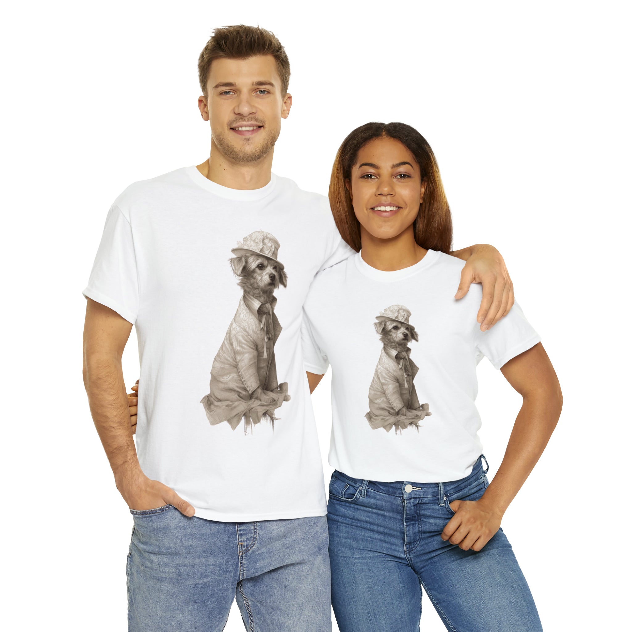 Unisex Heavy Cotton Tee-Distinguished Canine Tramp" Unisex Heavy Cotton Tee - Pencil Drawn Art with Floral Accents