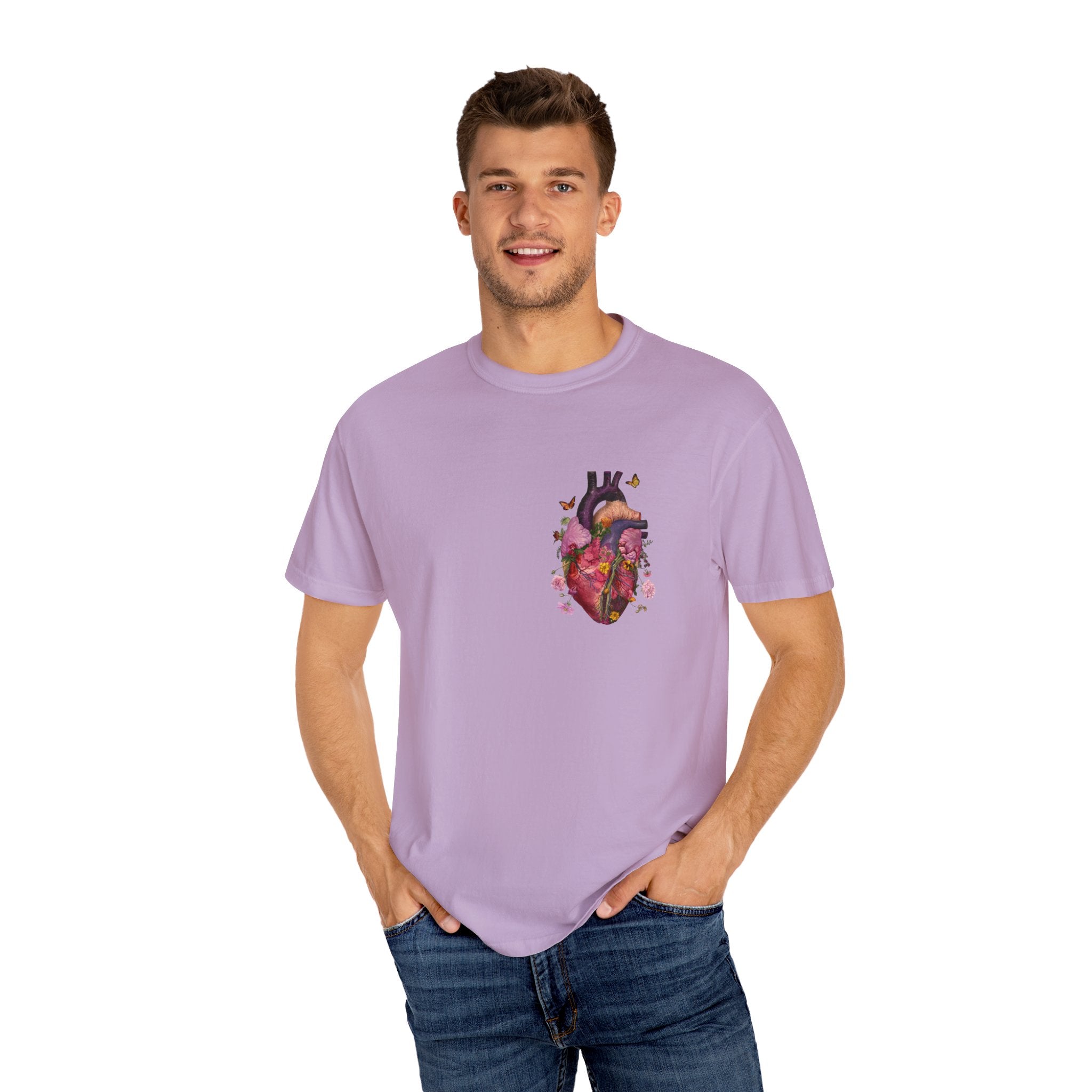 Botanical Heartbeat: Floral Heart Anatomy Unisex Garment-Dyed T-Shirt - Wearable Art with a Touch of Nature