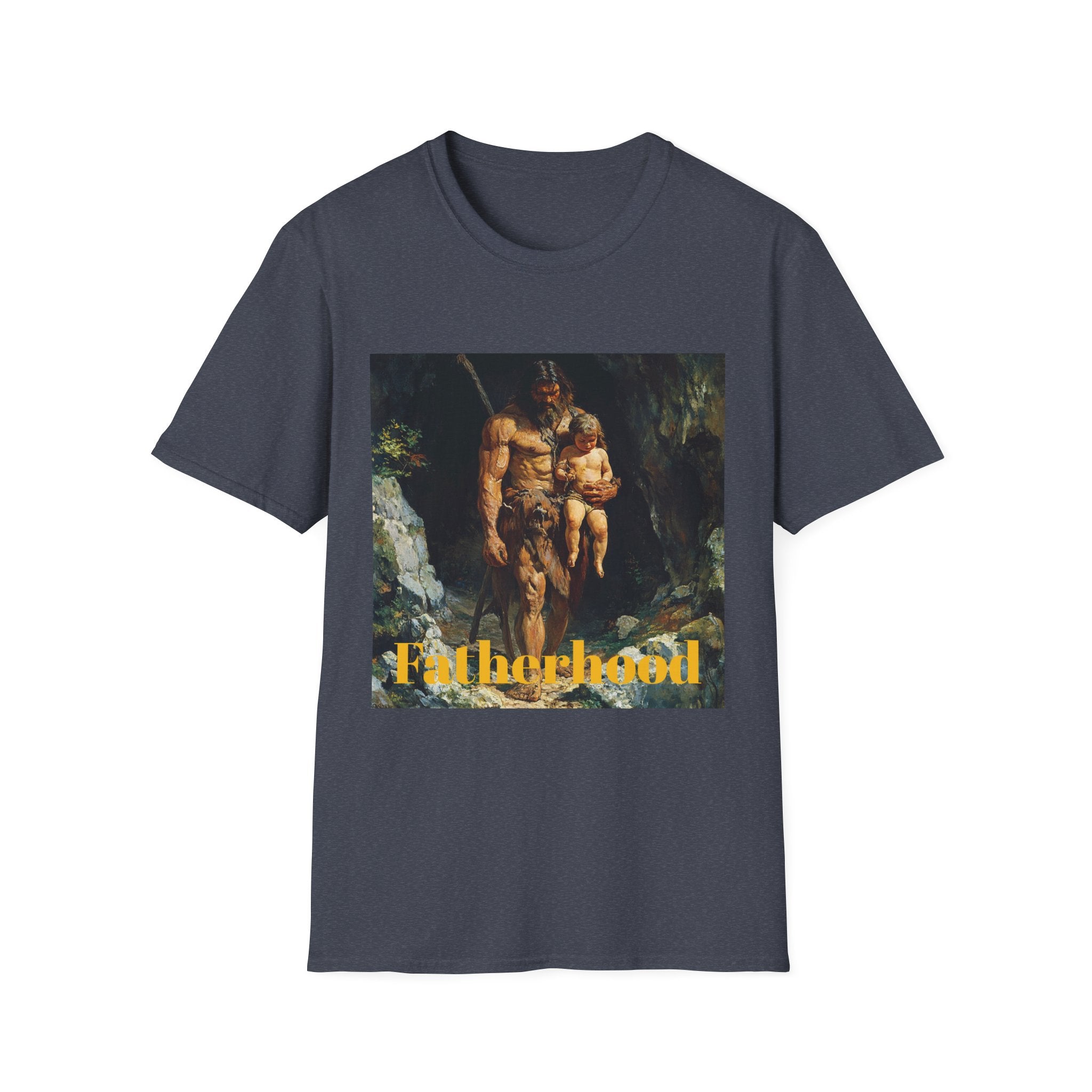 "Prehistoric Parenting: Caveman Caring Father Unisex Softstyle T-Shirt - A Nod to Timeless Fatherhood