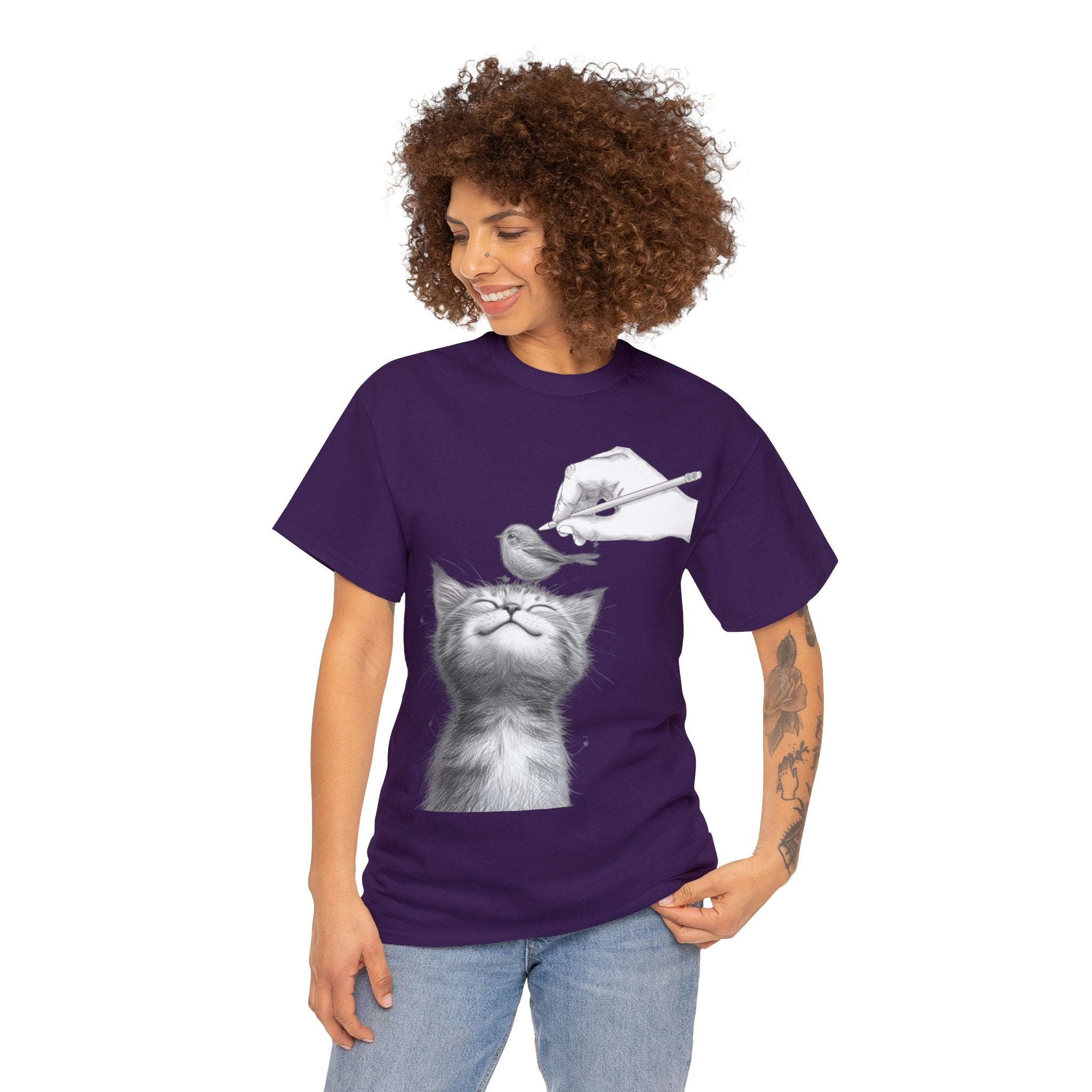 Cute Top for Artist Gift Women's Discover Artistic Elegance: Sketch Hand Drawing Bird and Cat Friendship Unisex Heavy Cotton Tee - Unique Design for Art Enthusiasts