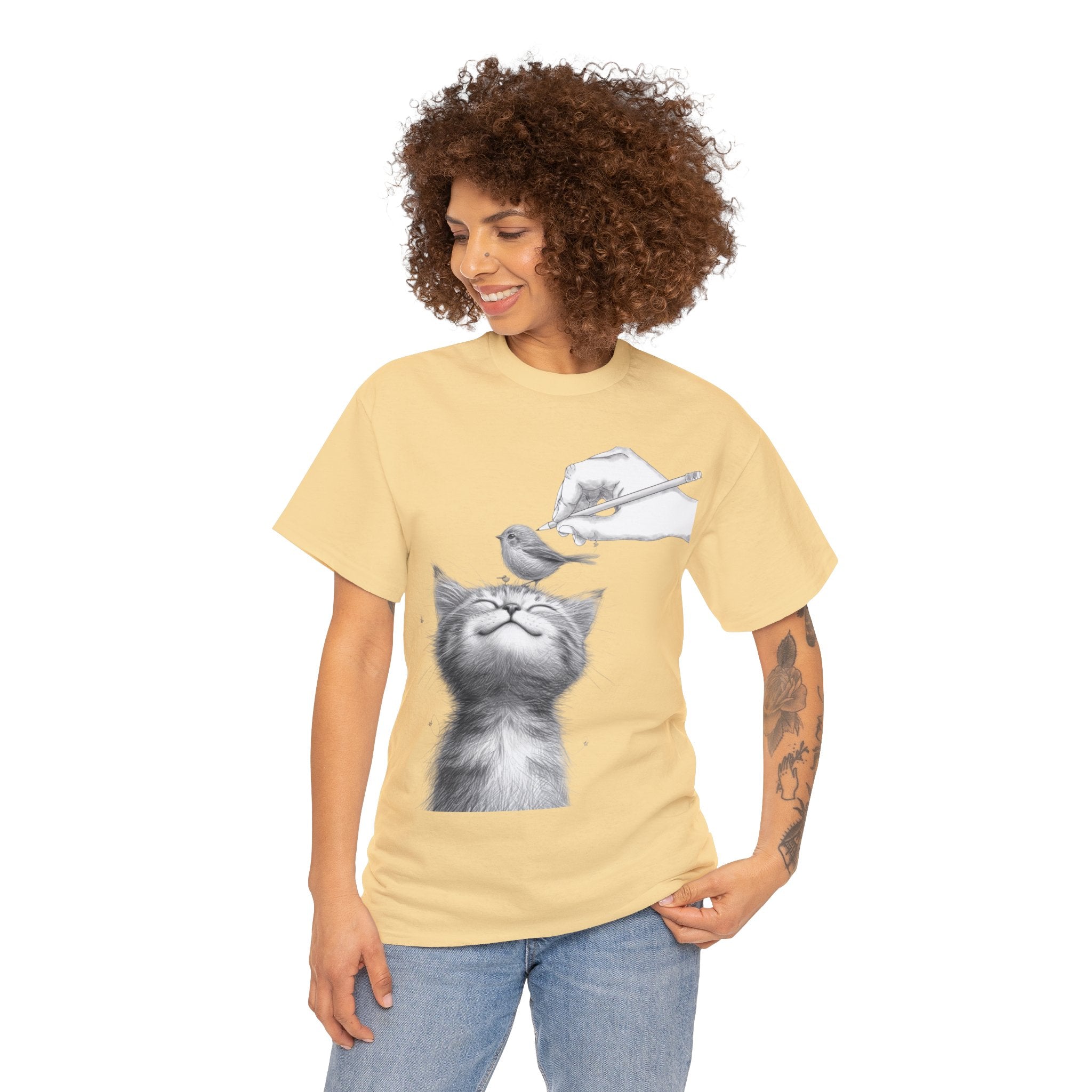 Cute Top for Artist Gift Women's Discover Artistic Elegance: Sketch Hand Drawing Bird and Cat Friendship Unisex Heavy Cotton Tee - Unique Design for Art Enthusiasts