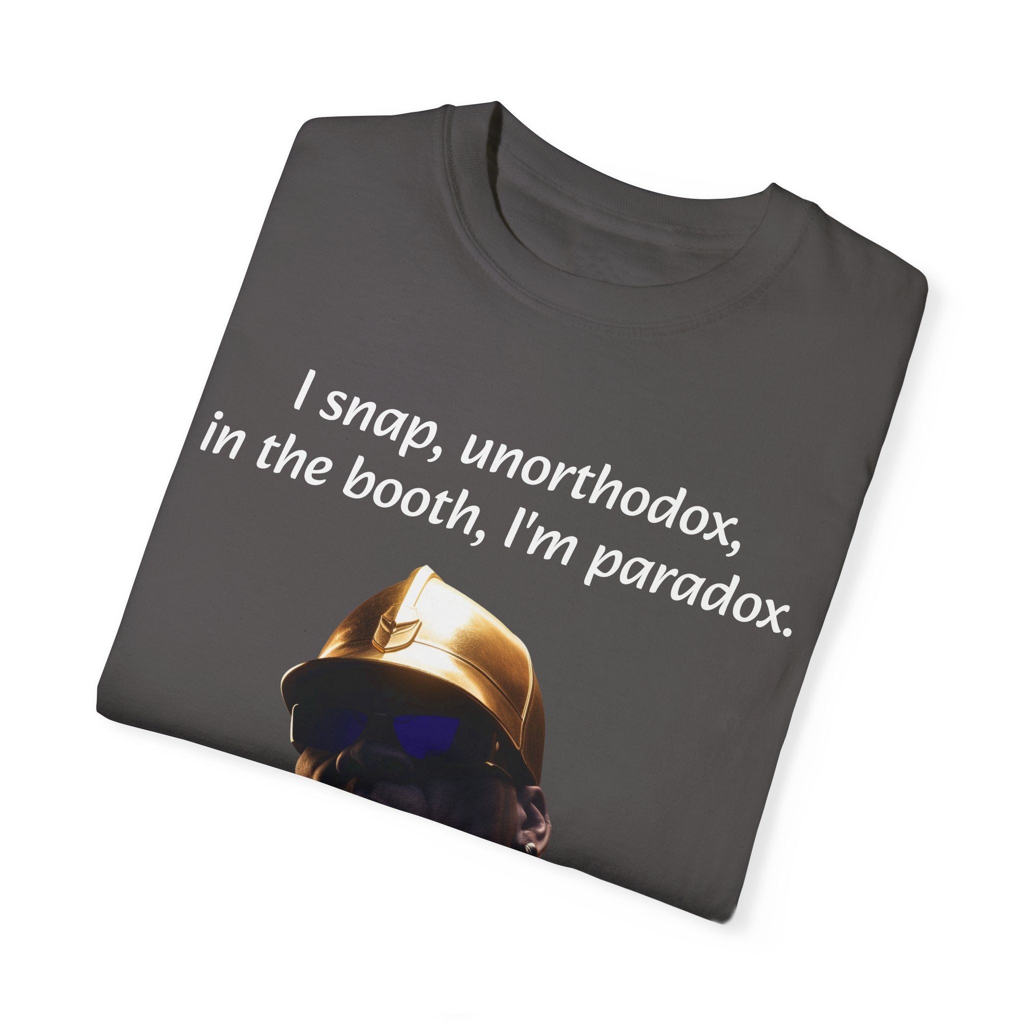 Lyrically Mad Titan T-Shirt: 'I Snap, Unorthodox, in the Booth, I'm Paradox' - Cosmic Warlord Inspired Hip Hop Unisex Garment-Dyed Tee for Urban Wear Enthusiasts