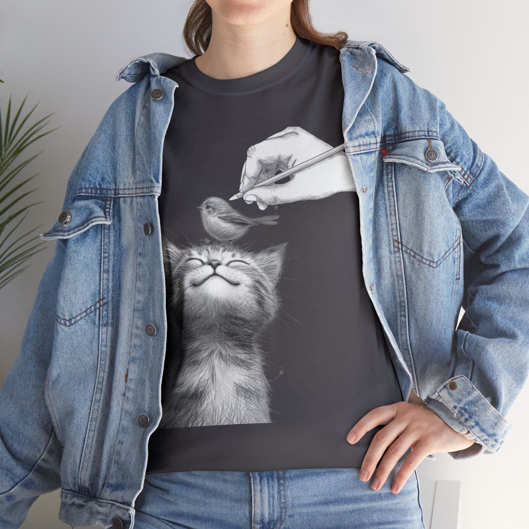 Cute Top for Artist Gift Women's Discover Artistic Elegance: Sketch Hand Drawing Bird and Cat Friendship Unisex Heavy Cotton Tee - Unique Design for Art Enthusiasts