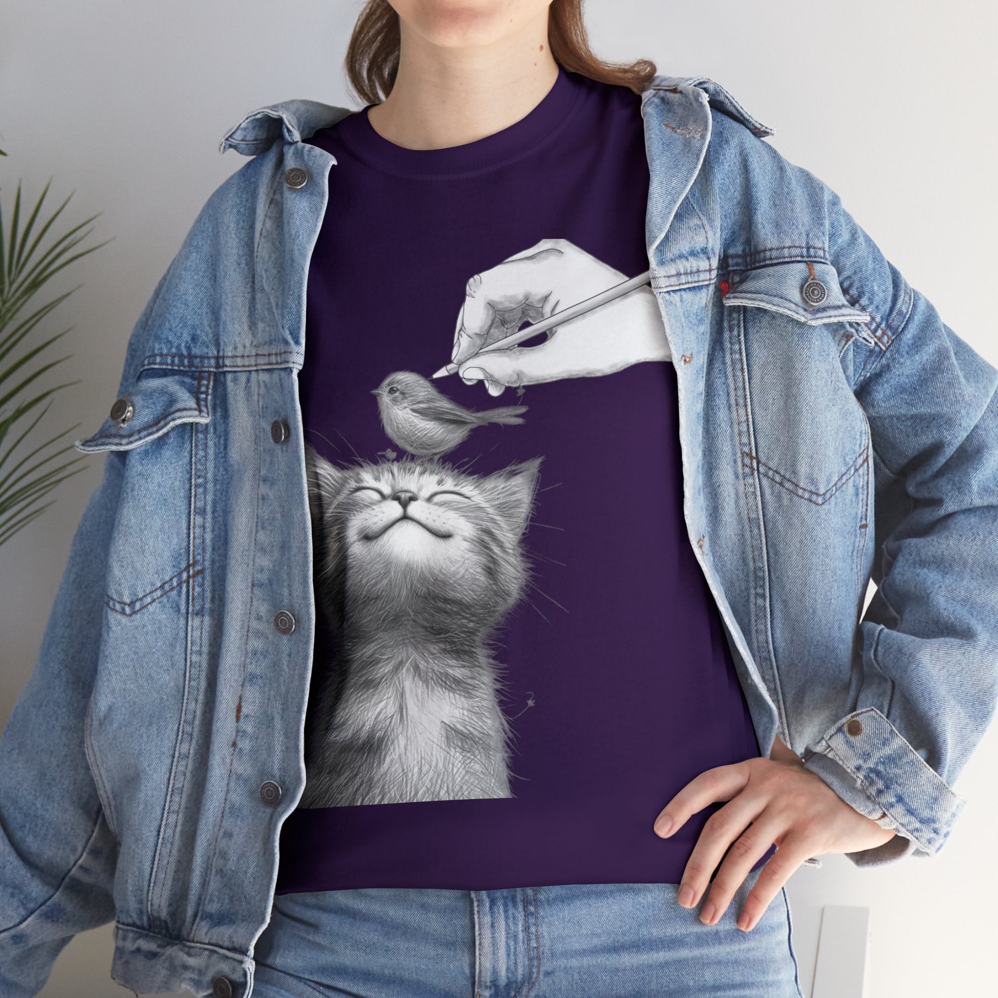 Cute Top for Artist Gift Women's Discover Artistic Elegance: Sketch Hand Drawing Bird and Cat Friendship Unisex Heavy Cotton Tee - Unique Design for Art Enthusiasts