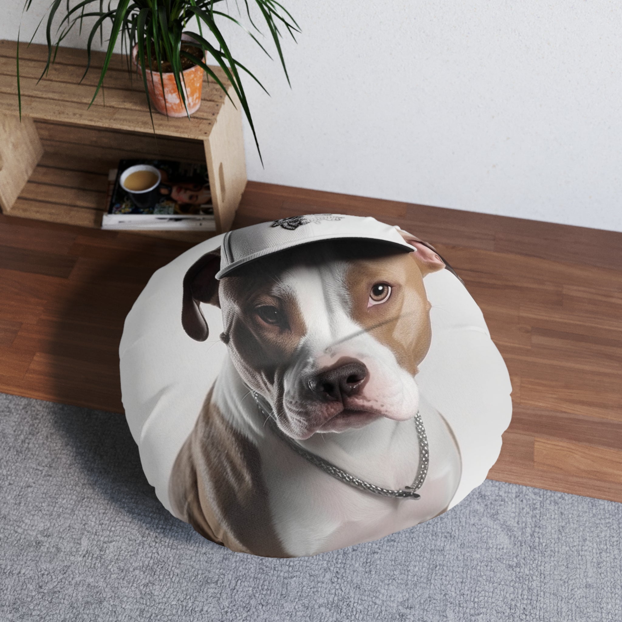 Swag Pitbull with Cap Tufted Floor Pillow: Round & Artistic - A Homage to American Pitbull Terriers Gift for New Pet Owners Funny Gift for Pet Lovers