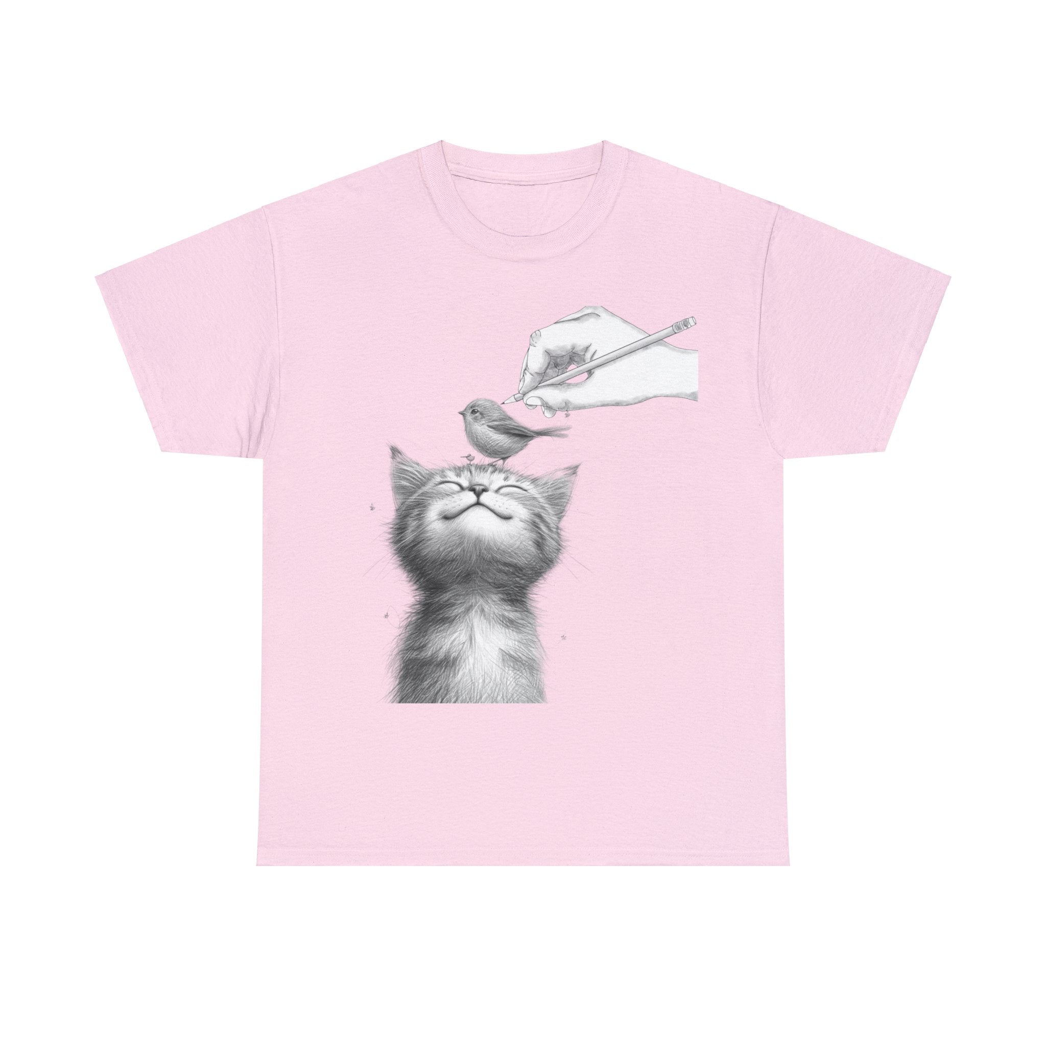 Cute Top for Artist Gift Women's Discover Artistic Elegance: Sketch Hand Drawing Bird and Cat Friendship Unisex Heavy Cotton Tee - Unique Design for Art Enthusiasts