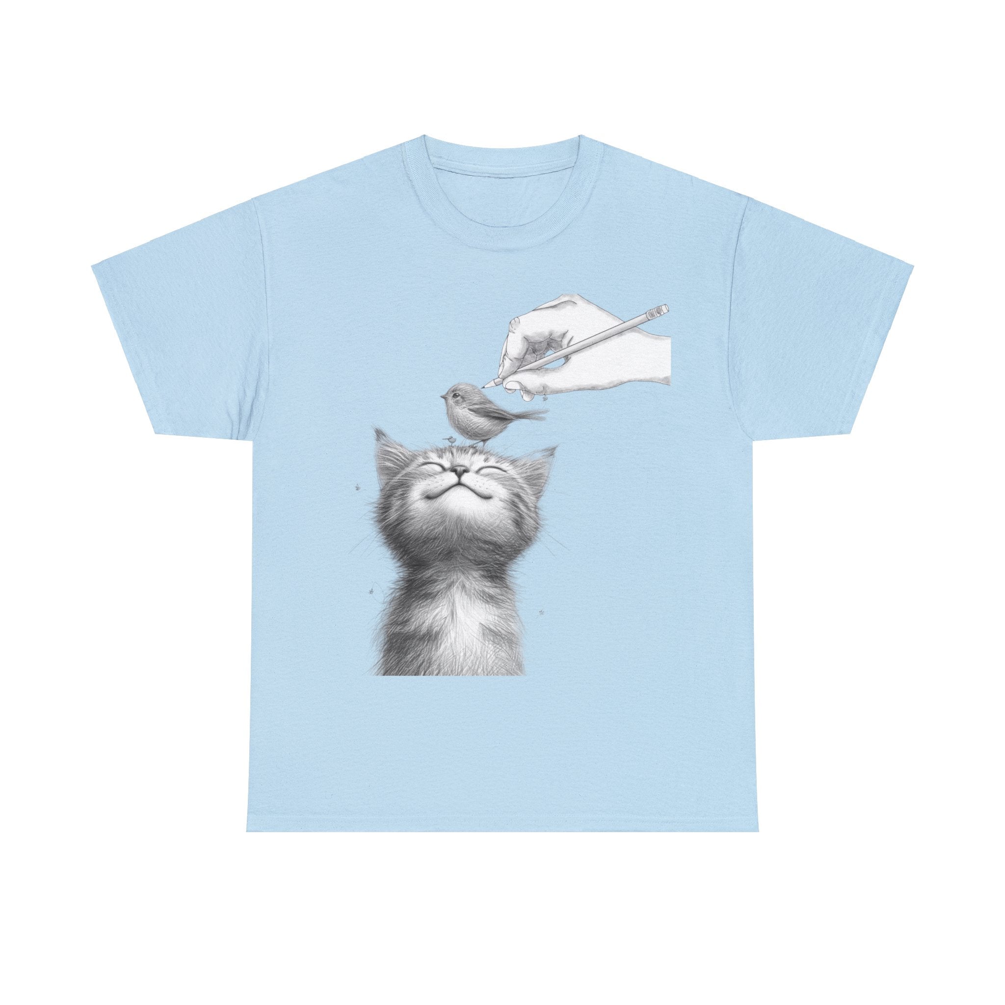 Cute Top for Artist Gift Women's Discover Artistic Elegance: Sketch Hand Drawing Bird and Cat Friendship Unisex Heavy Cotton Tee - Unique Design for Art Enthusiasts