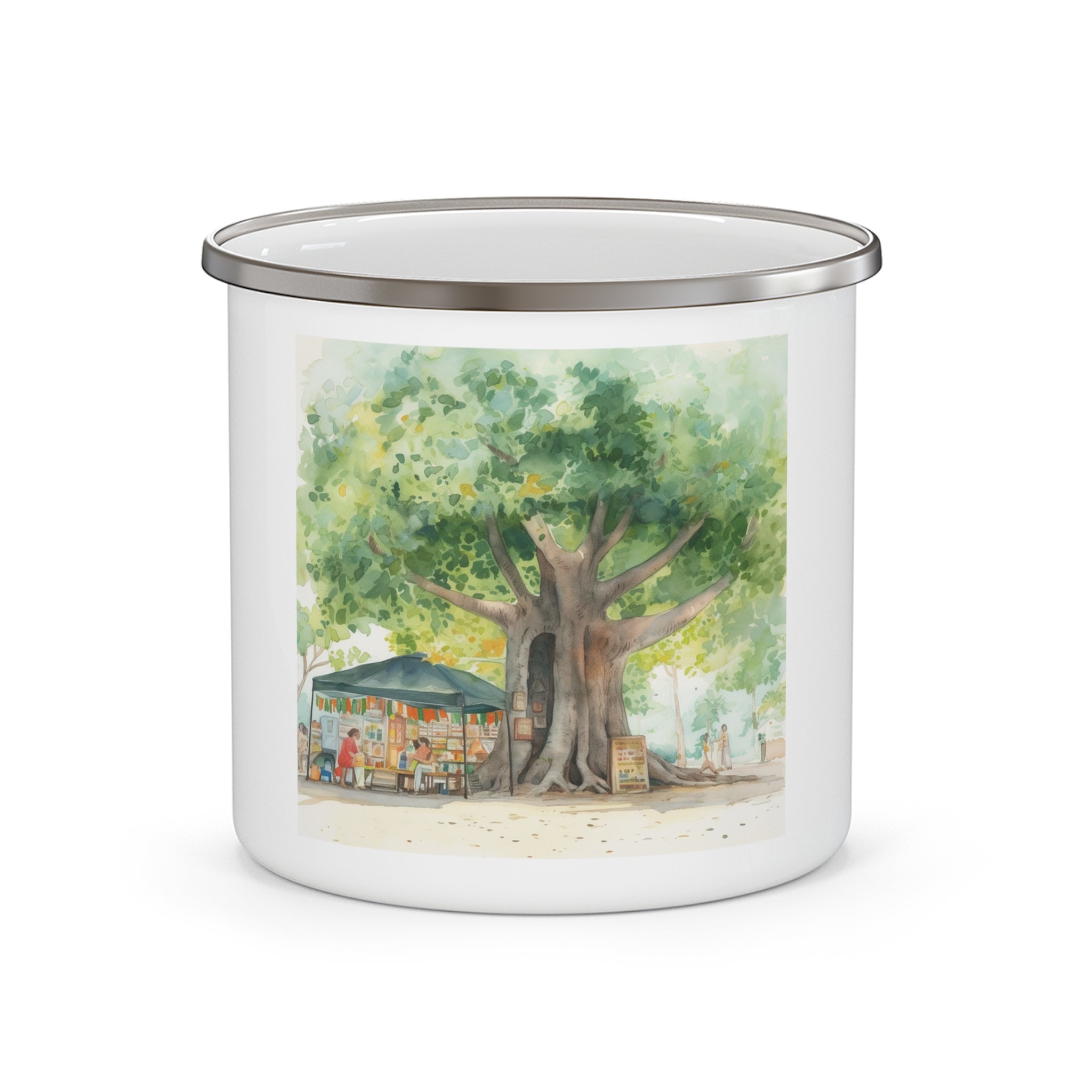 illustrated Shade Tree Market Stand Enamel Mug, 12 oz - Perfect for Coffee Lovers and Mug Enthusiasts