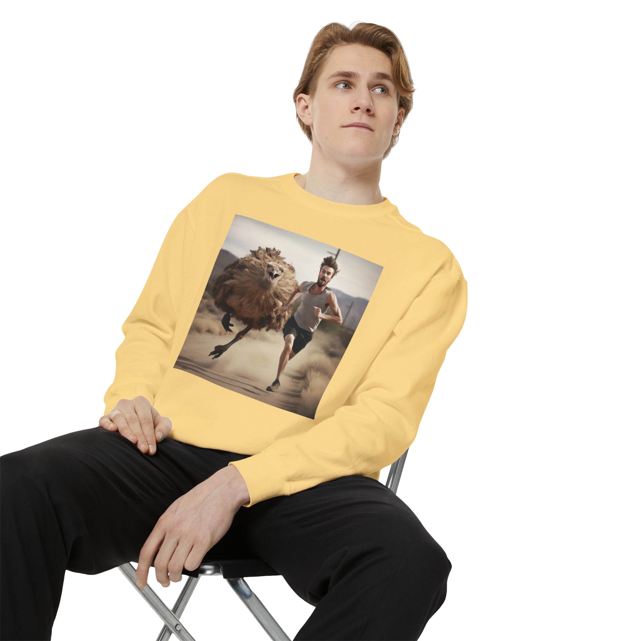 "Man Running from Ostrich 'Hauling Azz' Comedy Scene" Unisex Garment-Dyed Sweatshirt - Humorous Wildlife Chase Adventure Gift for Boyfriend Gift for Husband's Birthday