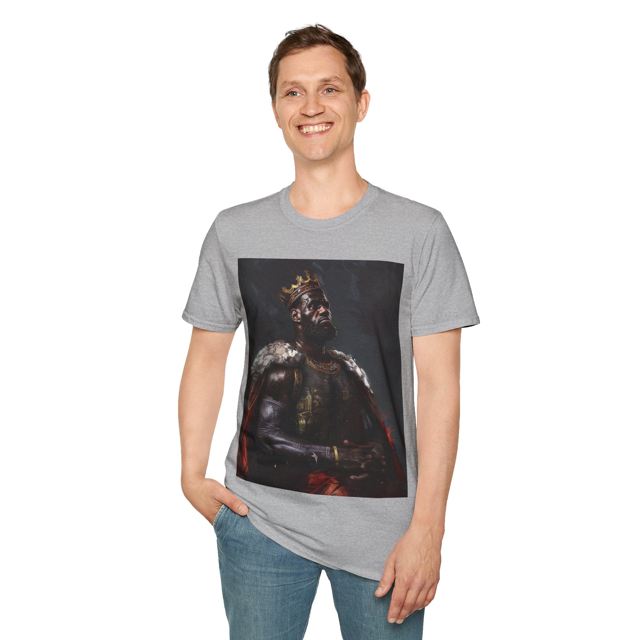 The image showcases the sophisticated unisex softstyle t-shirt, featuring a detailed and artistically rendered portrait of King James in the style of a Renaissance painting. The quality of the softstyle material is evident, promising comfort and durability, while the design speaks to the blend of sports legacy and classical elegance.