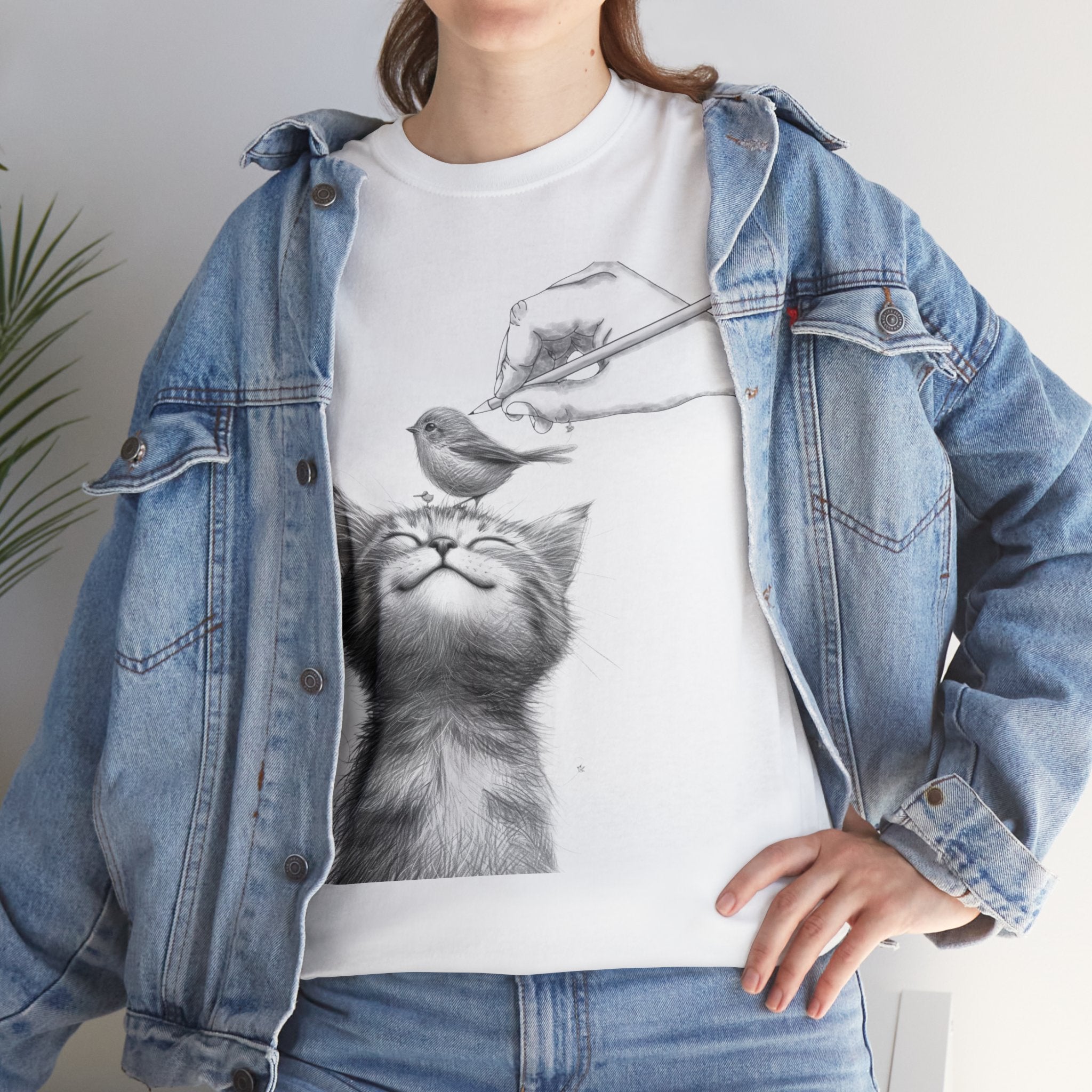 Cute Top for Artist Gift Women's Discover Artistic Elegance: Sketch Hand Drawing Bird and Cat Friendship Unisex Heavy Cotton Tee - Unique Design for Art Enthusiasts