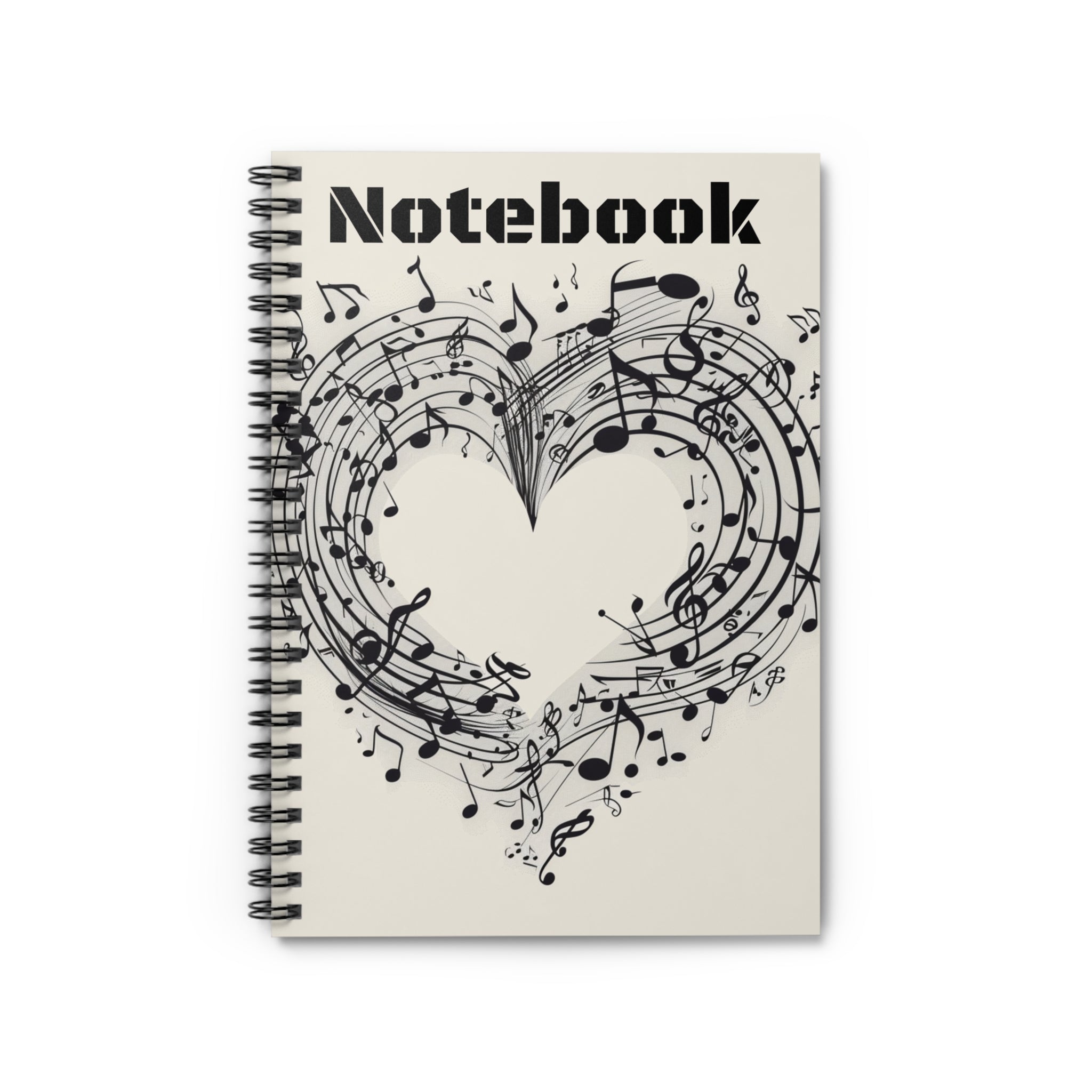 The image features a spiral notebook with a clean, minimalist cover design that showcases a heart made of musical notes. The ruled lines and high-quality paper are also highlighted, making it ideal for writing and note-taking.