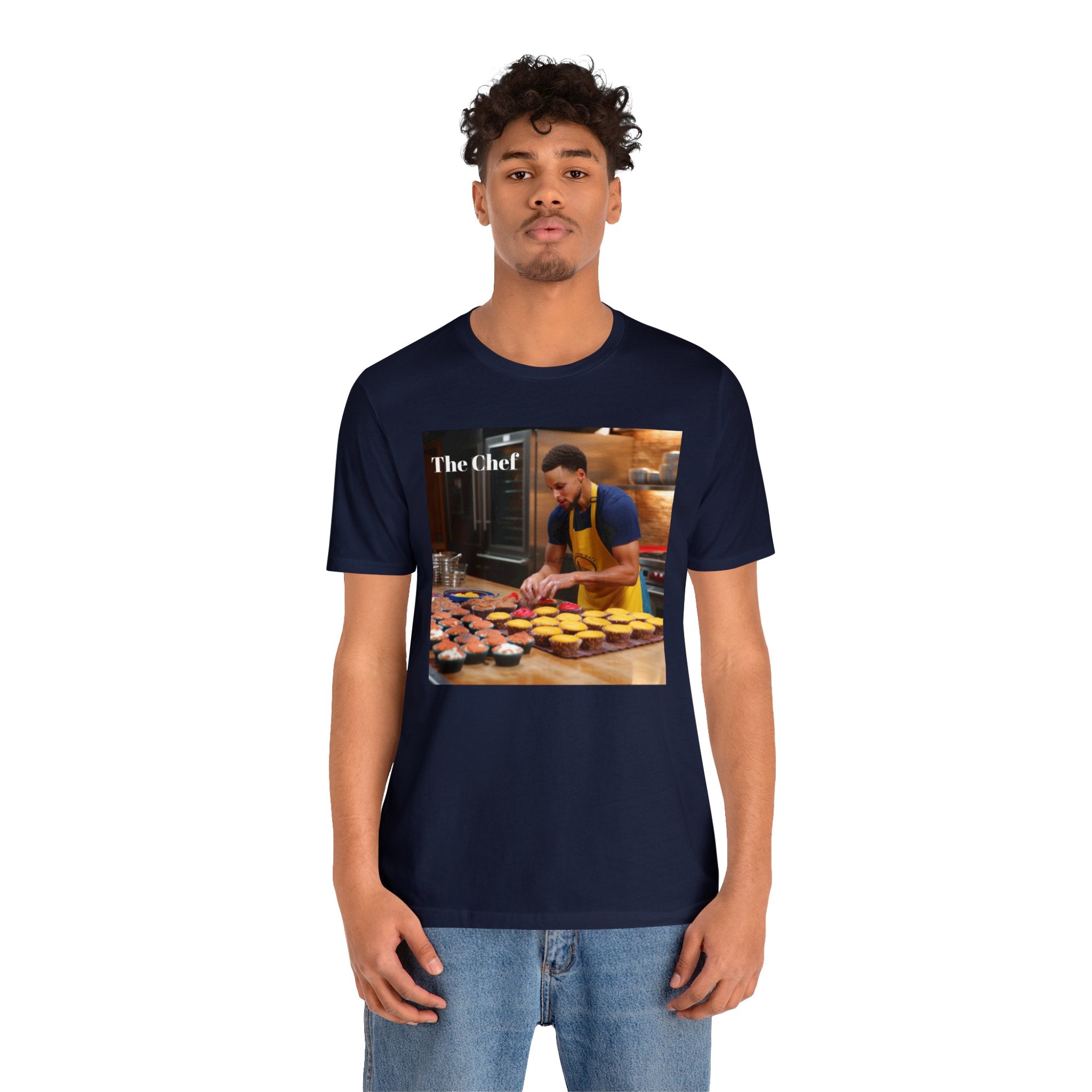 Chef Curry Cooking in the Kitchen Parody Tee: Professional Basketball Player Moonlighting as a Baker Cupcakes Design - Unisex Jersey Short Sleeve Tee for Sports and Baking Enthusiasts