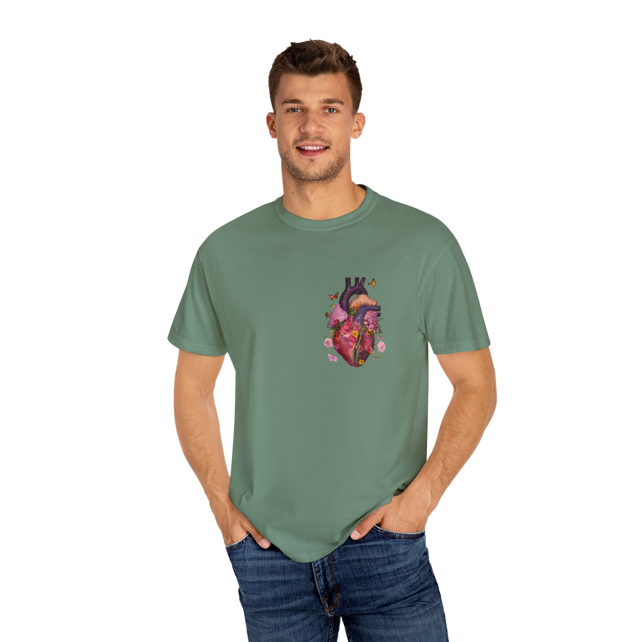 Botanical Heartbeat: Floral Heart Anatomy Unisex Garment-Dyed T-Shirt - Wearable Art with a Touch of Nature