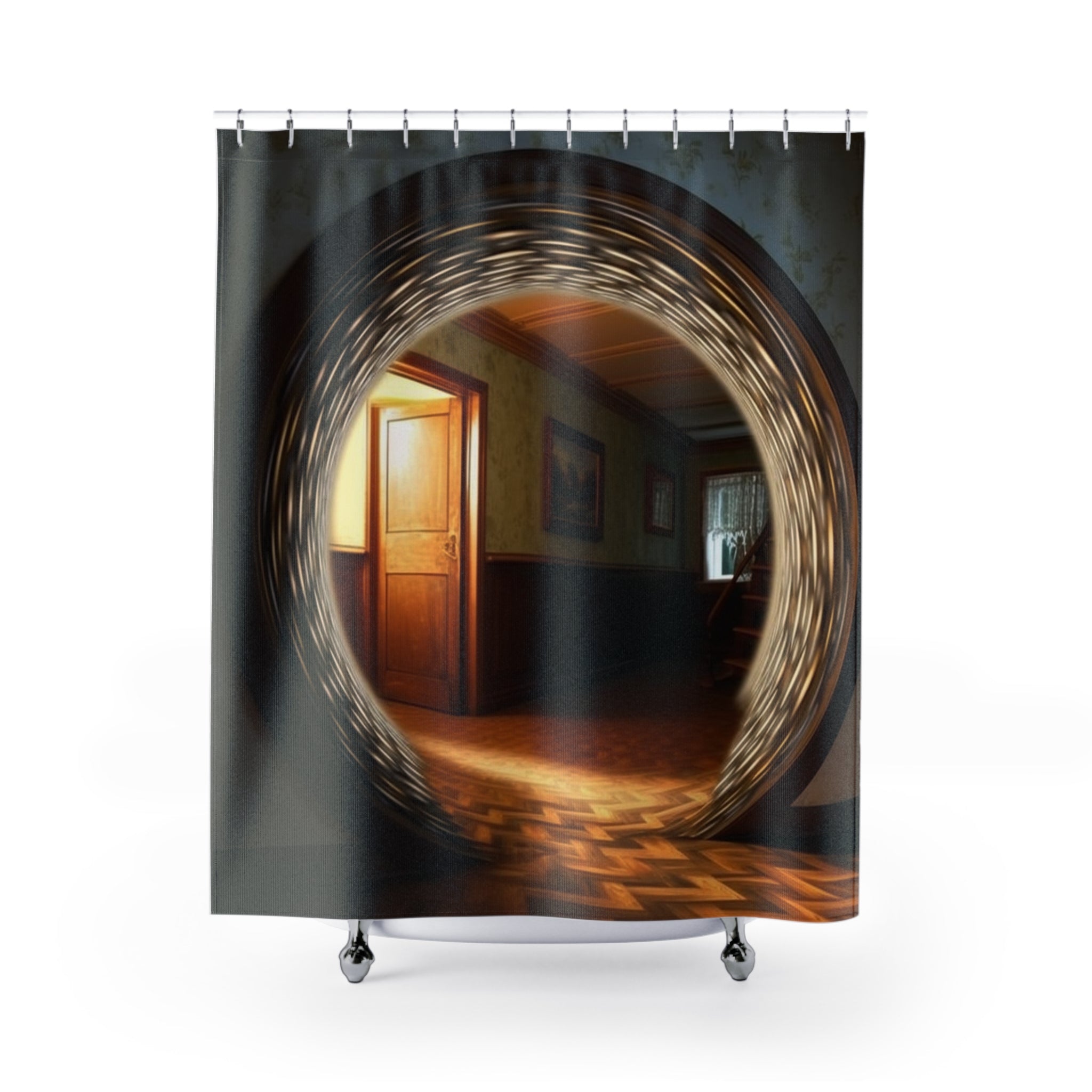 Mysterious Brown Building Interior Gateway Design for Contemporary Home Décor 🏢🛁 Fantasy Bathroom Decor🚪 Sublime Urban Illusion Portal: Hyper-Realistic Optical Illusion Tapestry & Shower Curtain -