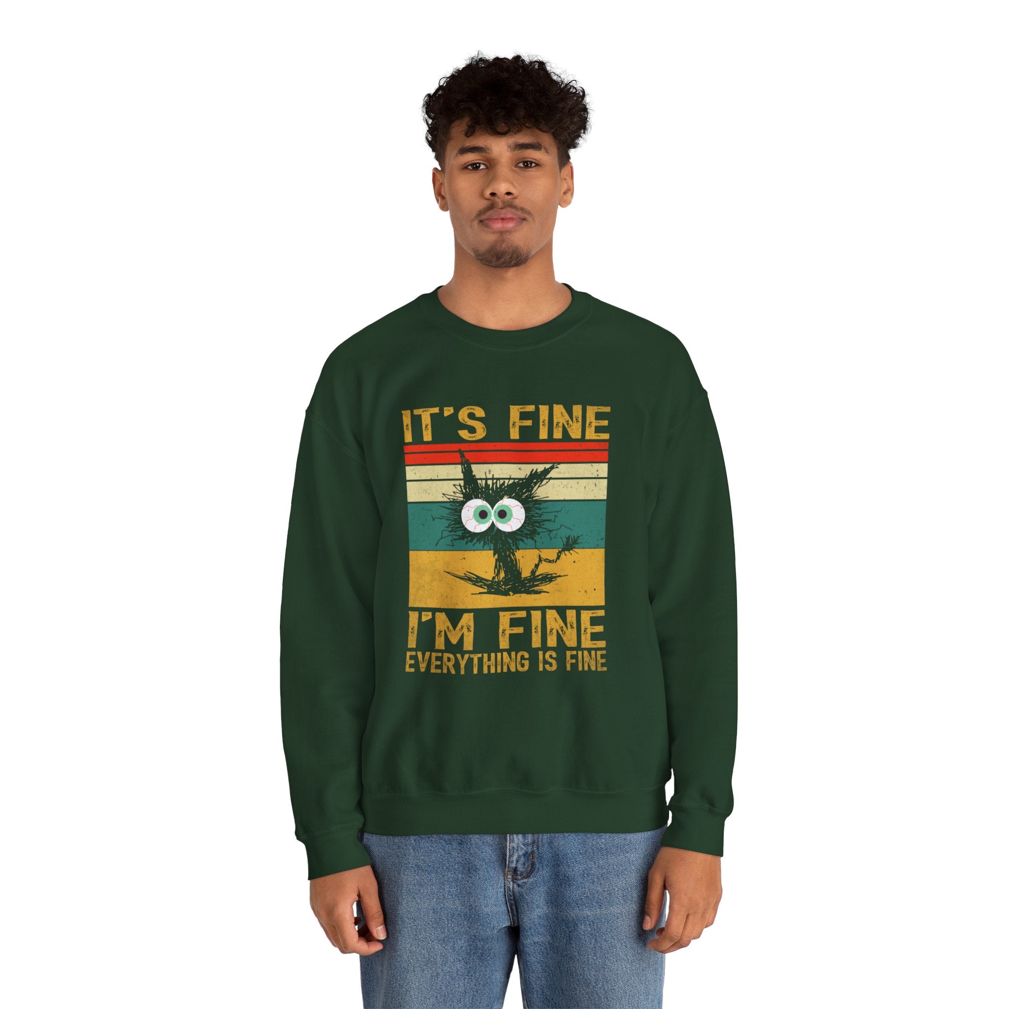 "It's Fine. I'm Fine. Everything is Fine." Funny Disheveled Cat Unisex Heavy Blend™ Crewneck Sweatshirt - Humor & Comfort Combined