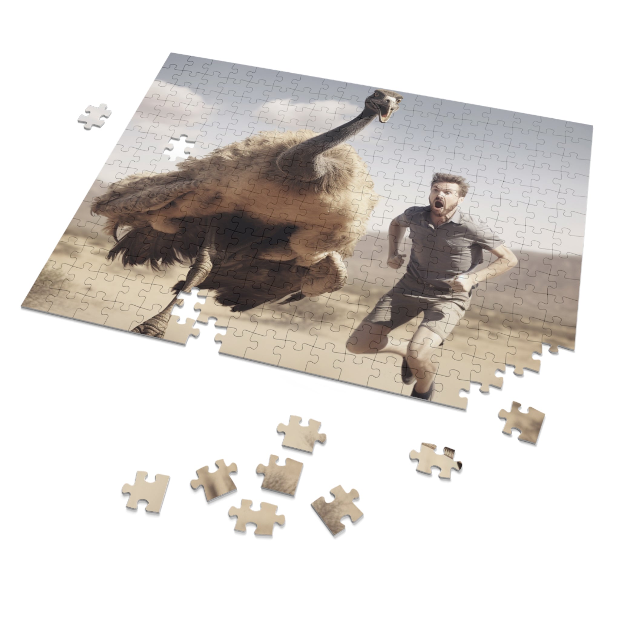 Funny Puzzle Gift Escape from Prehistoric Chicken: Man Running from Ancient Mean Big Bird Jigsaw Puzzle - Available in 30, 110, 252 Pieces for All Ages