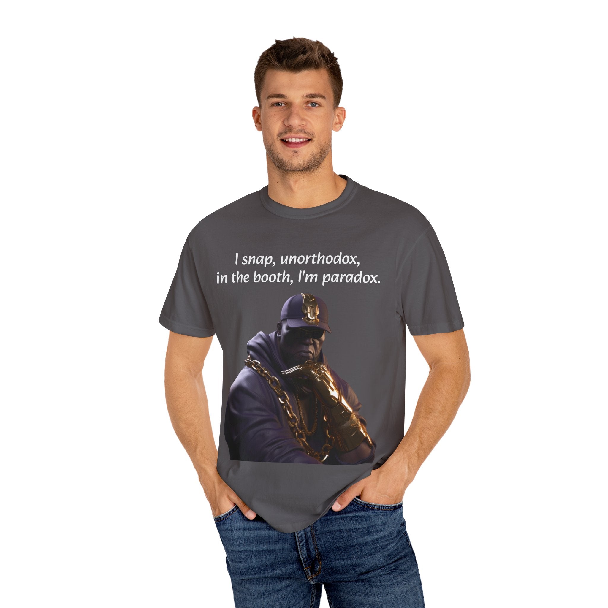 Lyrically Mad Titan T-Shirt: 'I Snap, Unorthodox, in the Booth, I'm Paradox' - Cosmic Warlord Inspired Hip Hop Unisex Garment-Dyed Tee for Urban Wear Enthusiasts