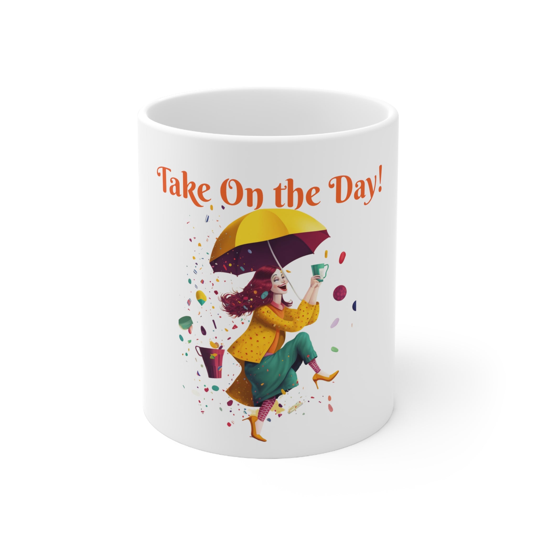 Cute Coffee Mug/ Cup With Happy Teacher With Her Cute Yellow Umbrella Celebrating a Cup of Hot Starbucks Coffee to Start the Day on a Rainy Morning.
