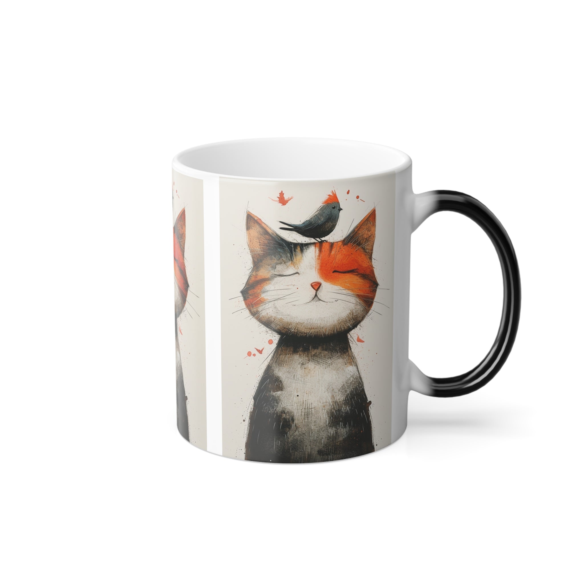 🐱🐦 Cat and Trusting Red Sparrow Friend Color Morphing Mug - 11oz | Magic Heat-Changing Ceramic Cup for Cat Lovers | Unique Color-Shift Coffee Mug