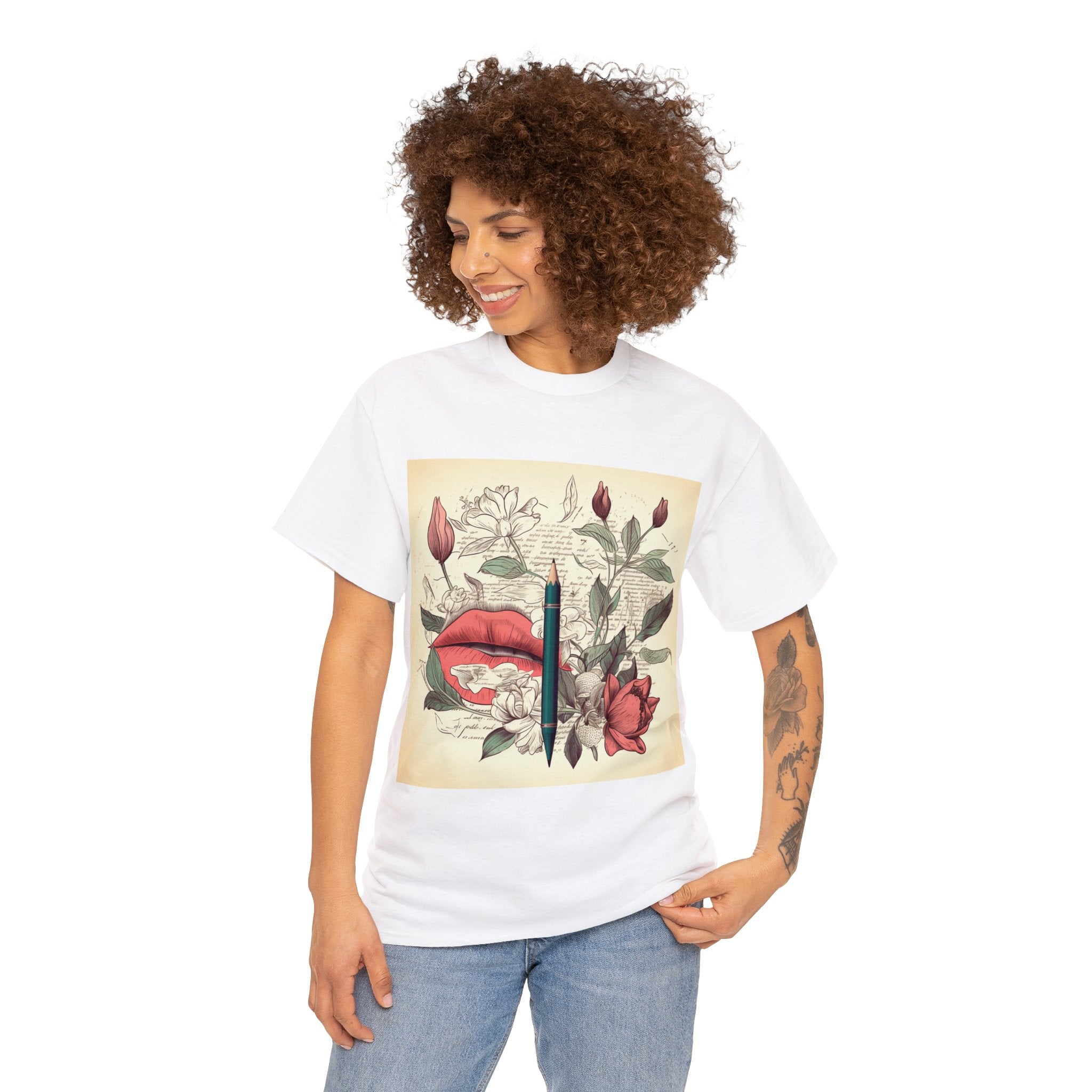 Unisex Heavy Cotton Tee--Writers Floral Garden Gift for Art Lovers and Perfect for Authors Wear