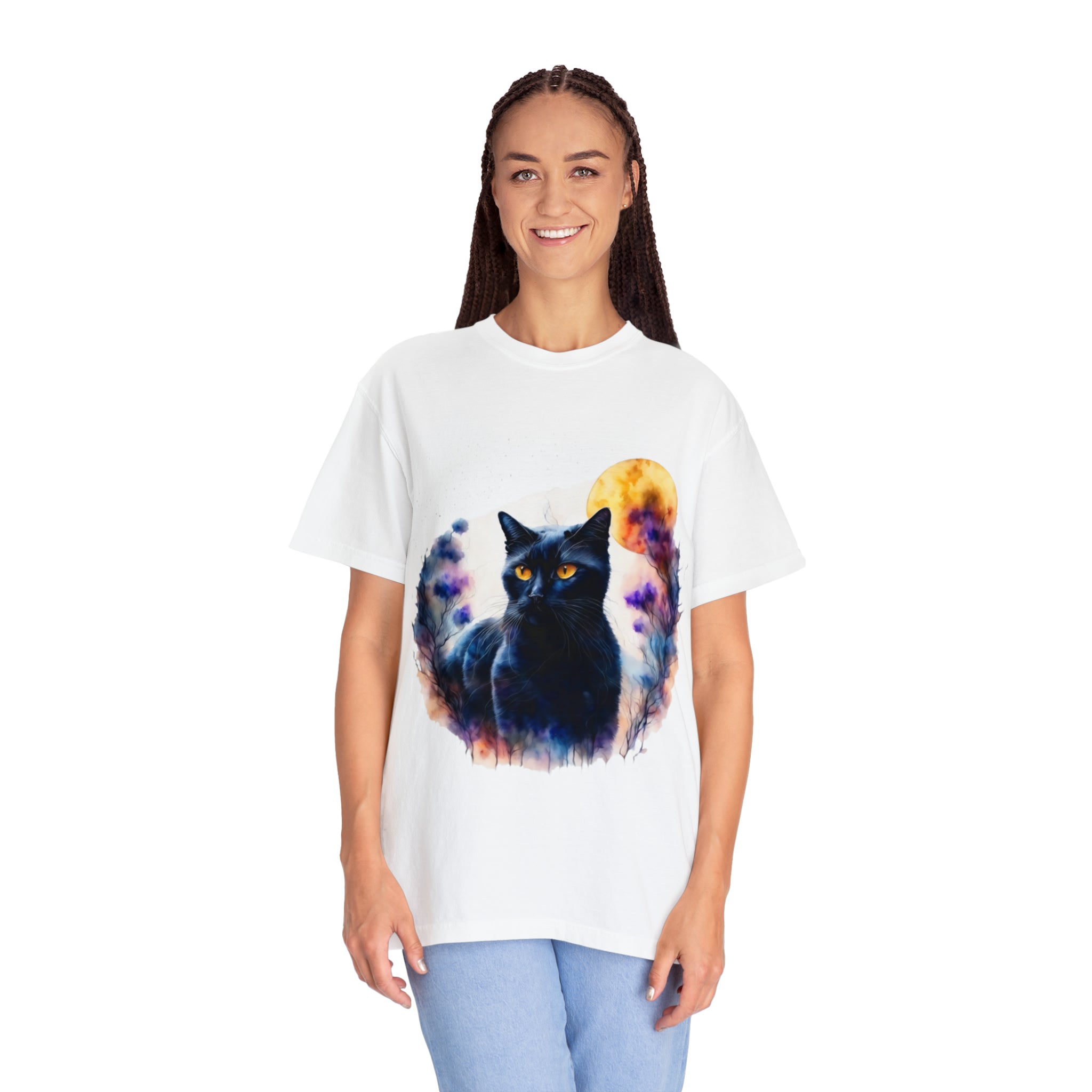 Unisex Garment-Dyed T-shirt- Midnite Kitty Beautiful Art for Last minute Gift and Cute Gift for Cat Owners