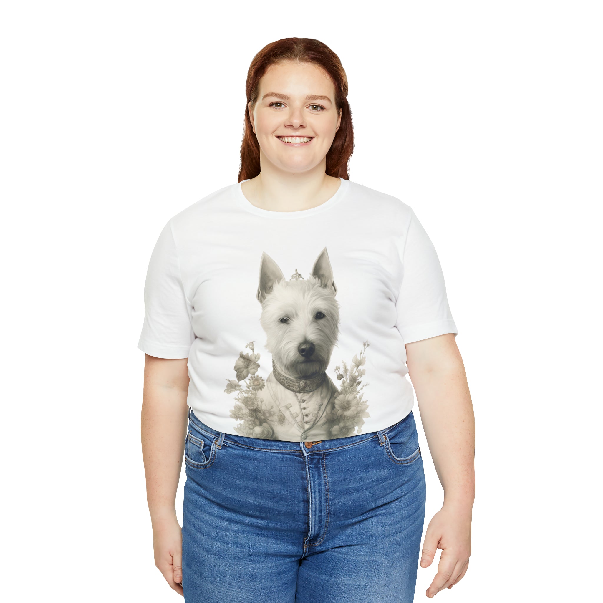 Unisex Jersey Short Sleeve Tee-"Distinguished Dog" Tee - Pencil Drawn Art, Floral Accents - Ideal Gift for Dog and Art Lovers