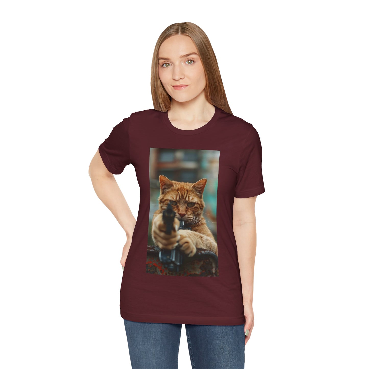 Stealth Paws: Feline Hitman Women's Jersey Short Sleeve Tee - Quirky Cat-Themed Apparel for Fashion-Forward Cat Lovers