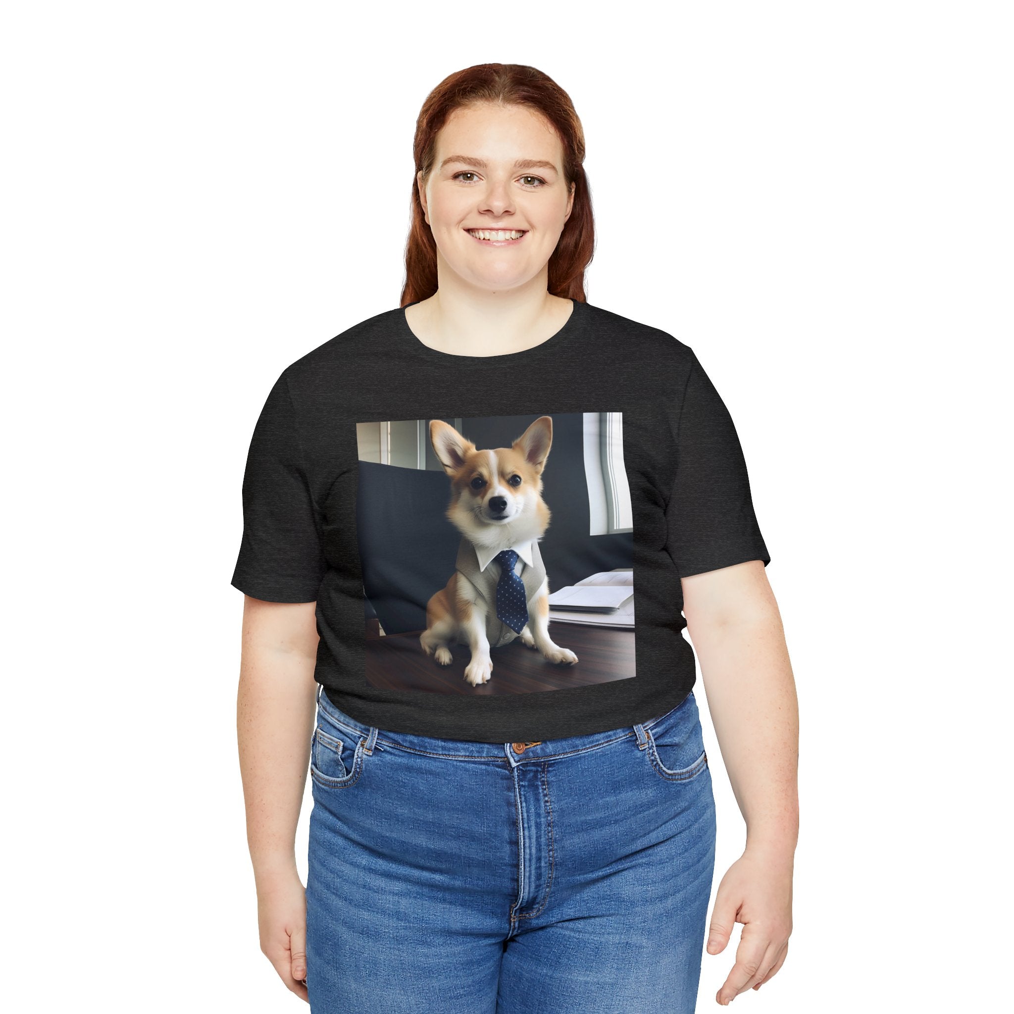 Cute Puppy in Interview Attire "Do I have the Job?"  Unisex Jersey Short Sleeve Tee - Funny Dog Interview Tee Gift for Dog Lovers and Pet Owners