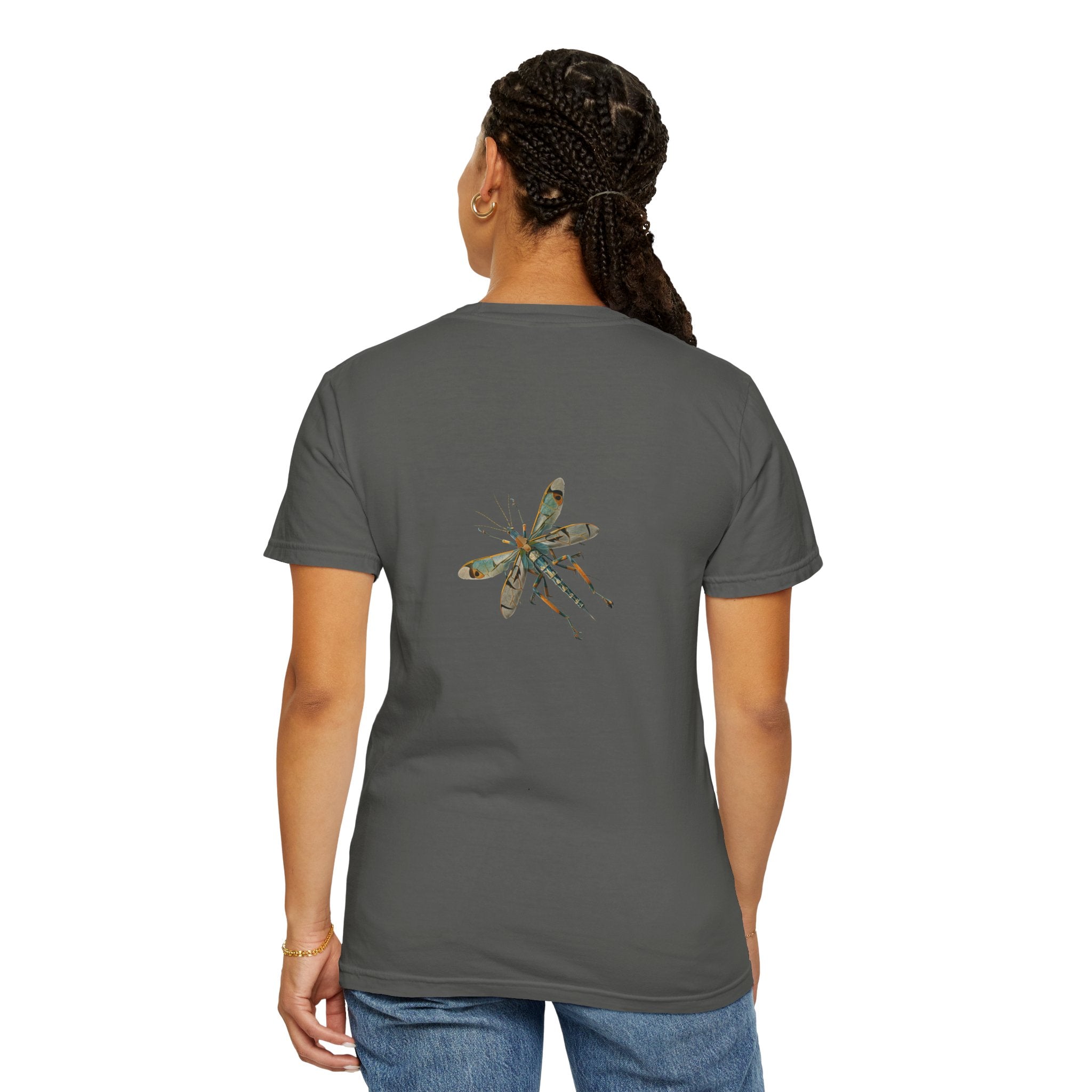 Humorous back bug t-shirt, unisex prank tee, garment-dyed funny shirt, realistic bug illustration top, casual conversation starter tee, quirky unisex garment, playful bug on back shirt, funny gift idea t-shirt, soft vintage look tee, comfortable humorous clothing, durable prank shirt, cheeky bug design t-shirt, no-shrink fun tee, lightweight humorous top, social event funny shirt