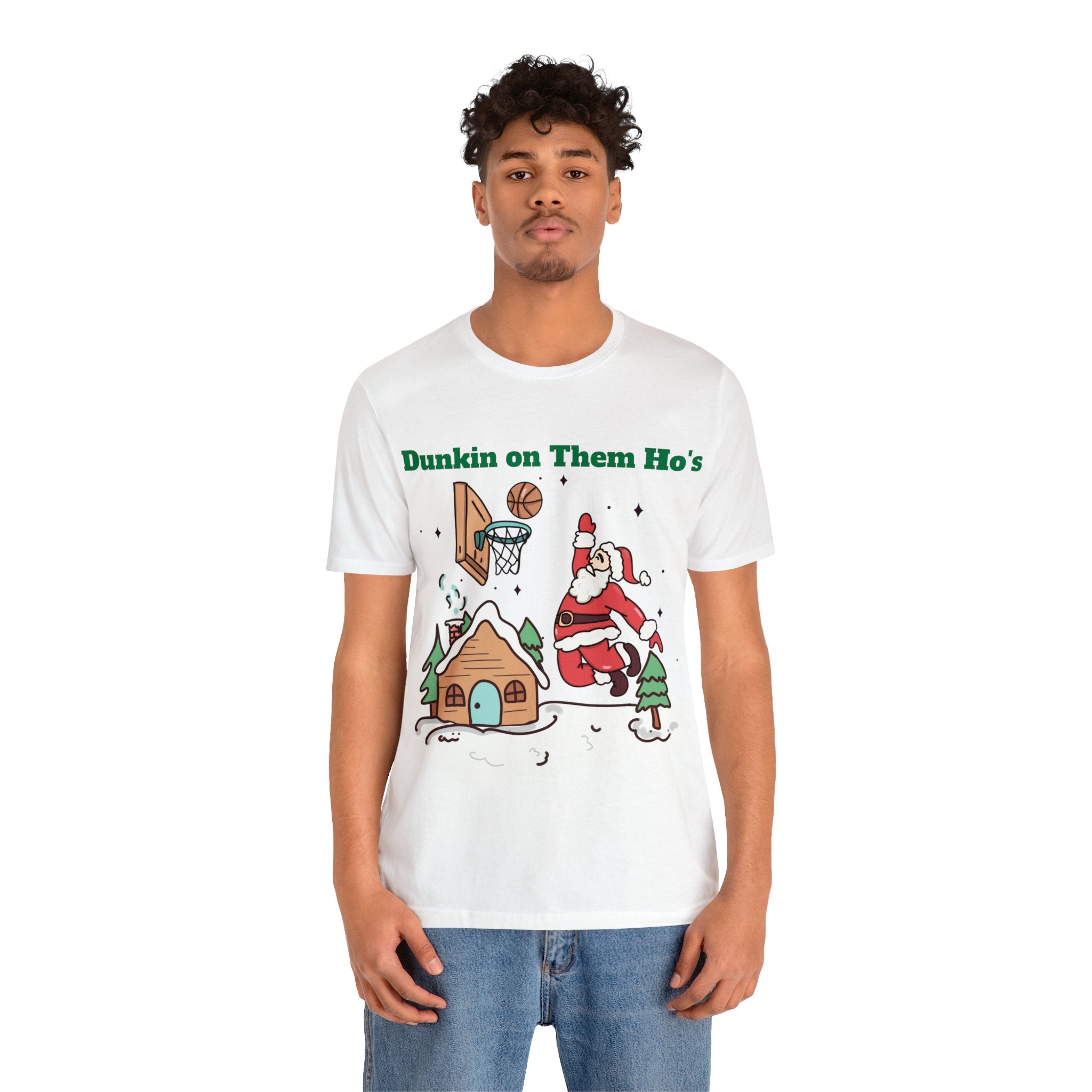 Unisex Jersey Short Sleeve Tee-' "Dunkin on Them Ho's..." Holiday Wear with Humorous Santa Art Perfect Gift for Athletes.