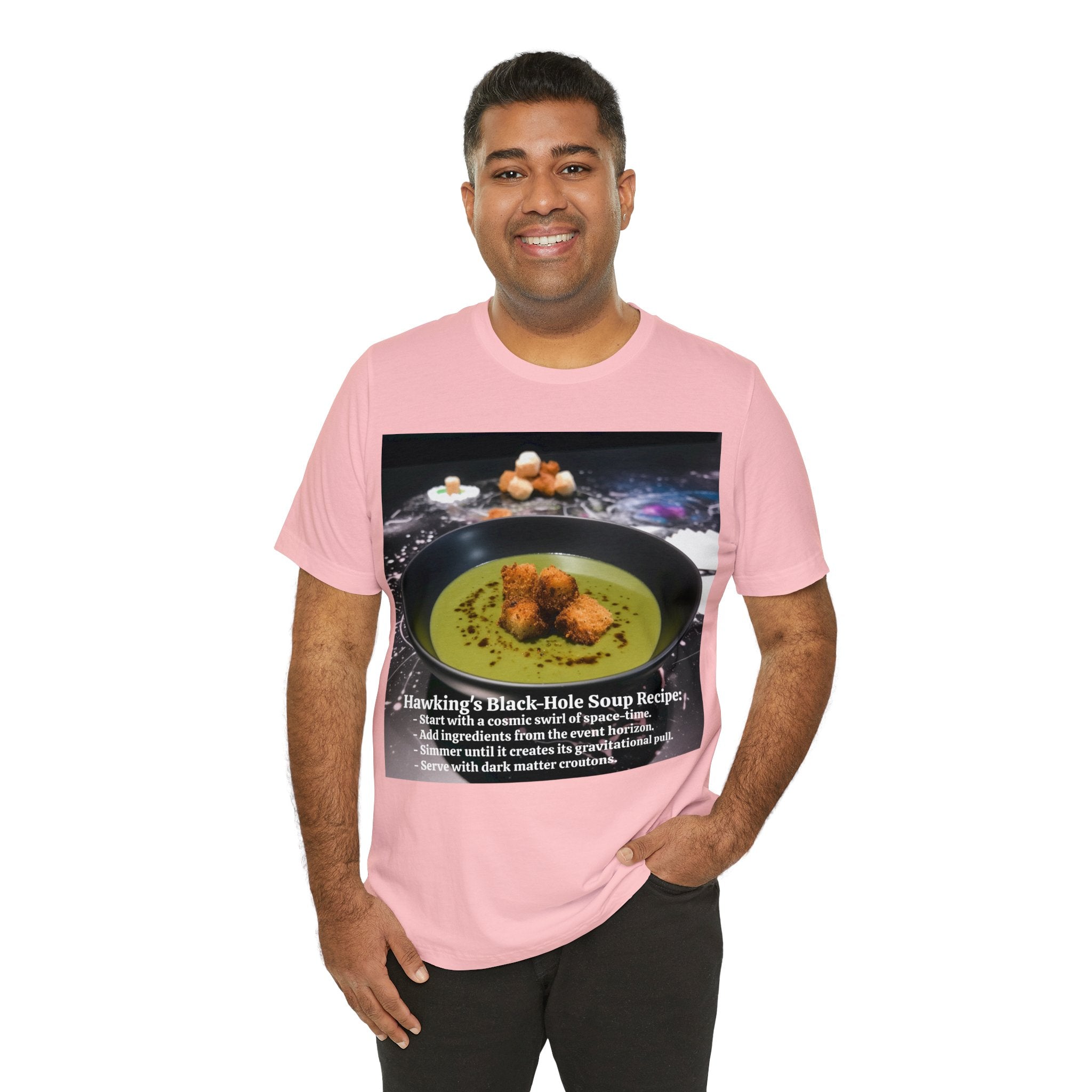 Show Your Charisma and Intellect with Hawking's Black-Hole Soup: A Cosmic Culinary Adventure Unisex Jersey Short Sleeve Tee