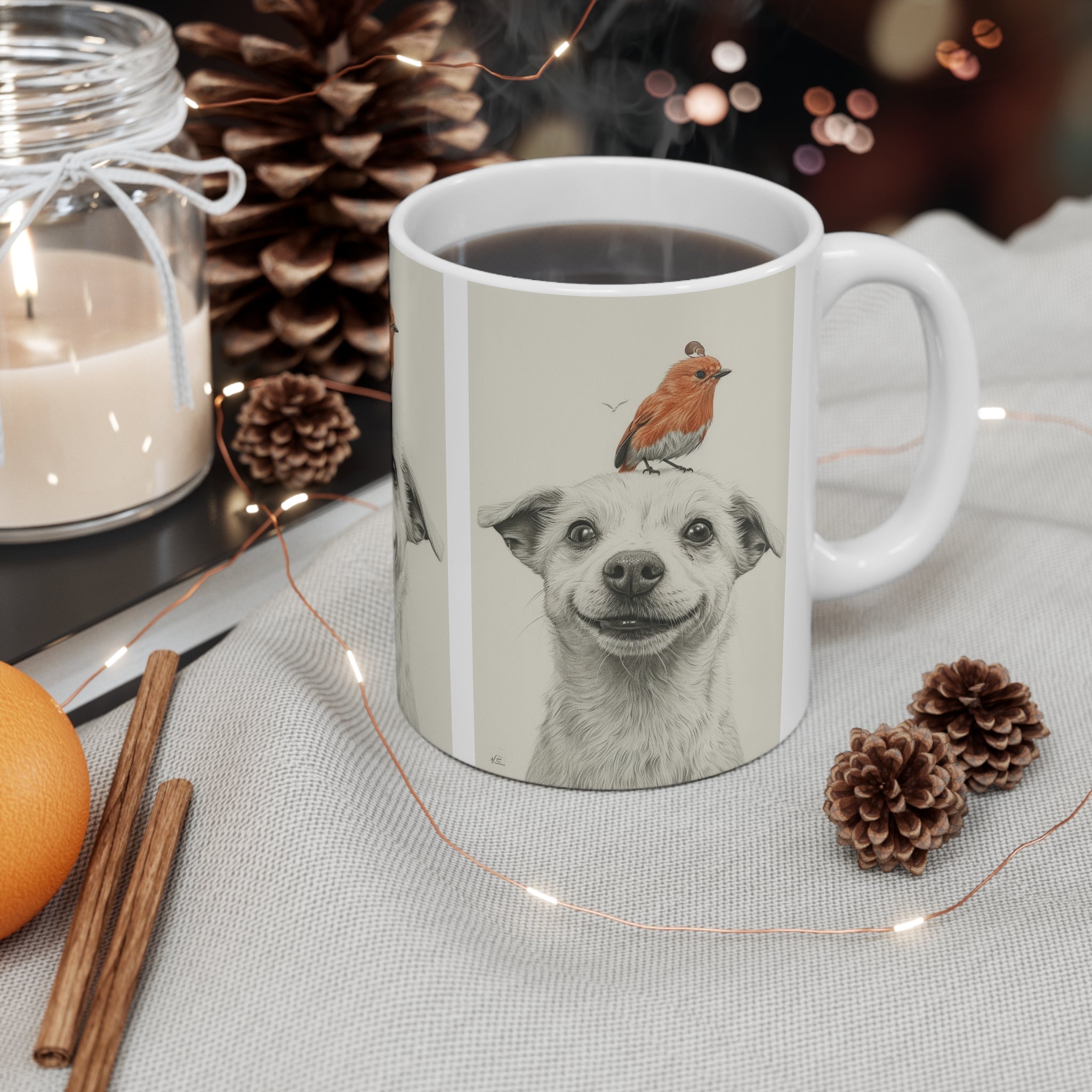Enjoy Your Morning Brew with Canine and Avian Companionship - Dog and Bird Sidekick Ceramic Mug 11oz for Coffee Lovers