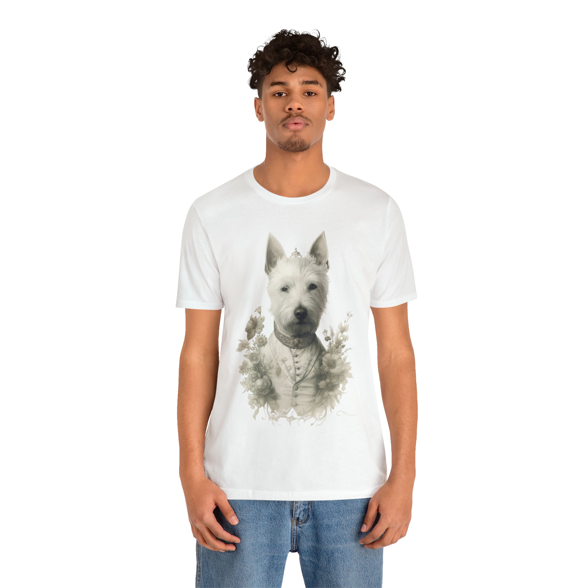 Unisex Jersey Short Sleeve Tee-"Distinguished Dog" Tee - Pencil Drawn Art, Floral Accents - Ideal Gift for Dog and Art Lovers